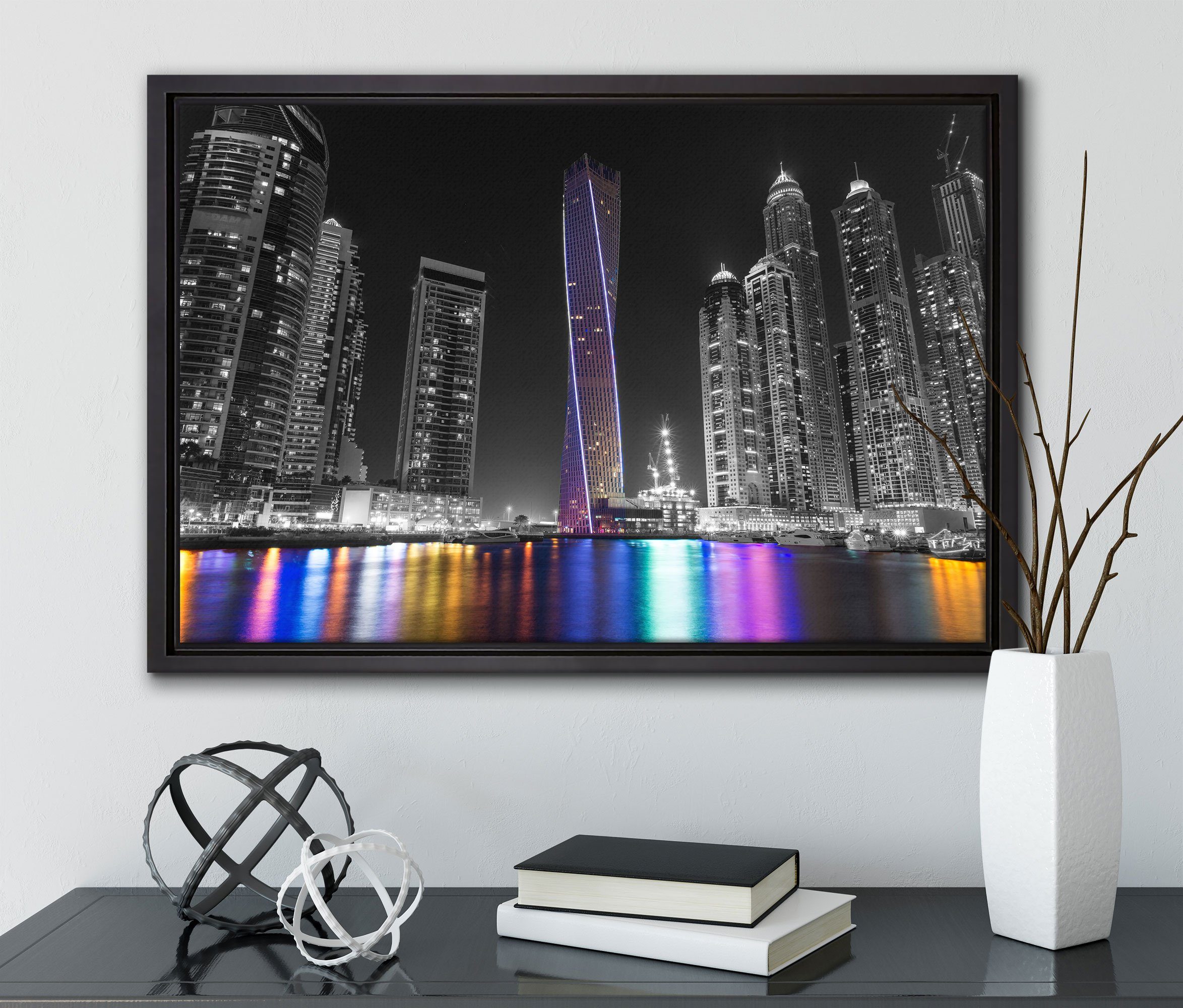 Pixxprint Leinwandbild Leinwandbild (1 Skyline bespannt, einem gefasst, Nacht, Schattenfugen-Bilderrahmen inkl. fertig St), in Zackenaufhänger Dubai von Wanddekoration bei