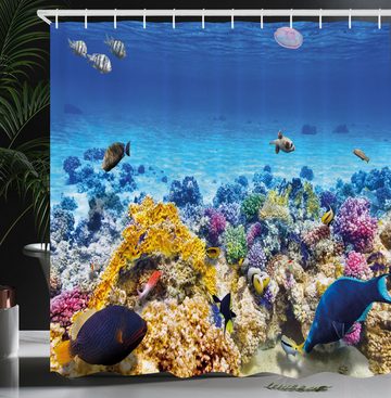 Abakuhaus Duschvorhang Moderner Digitaldruck mit 12 Haken auf Stoff Wasser Resistent Breite 175 cm, Höhe 180 cm, Fisch Ozean Korallen Goldfish