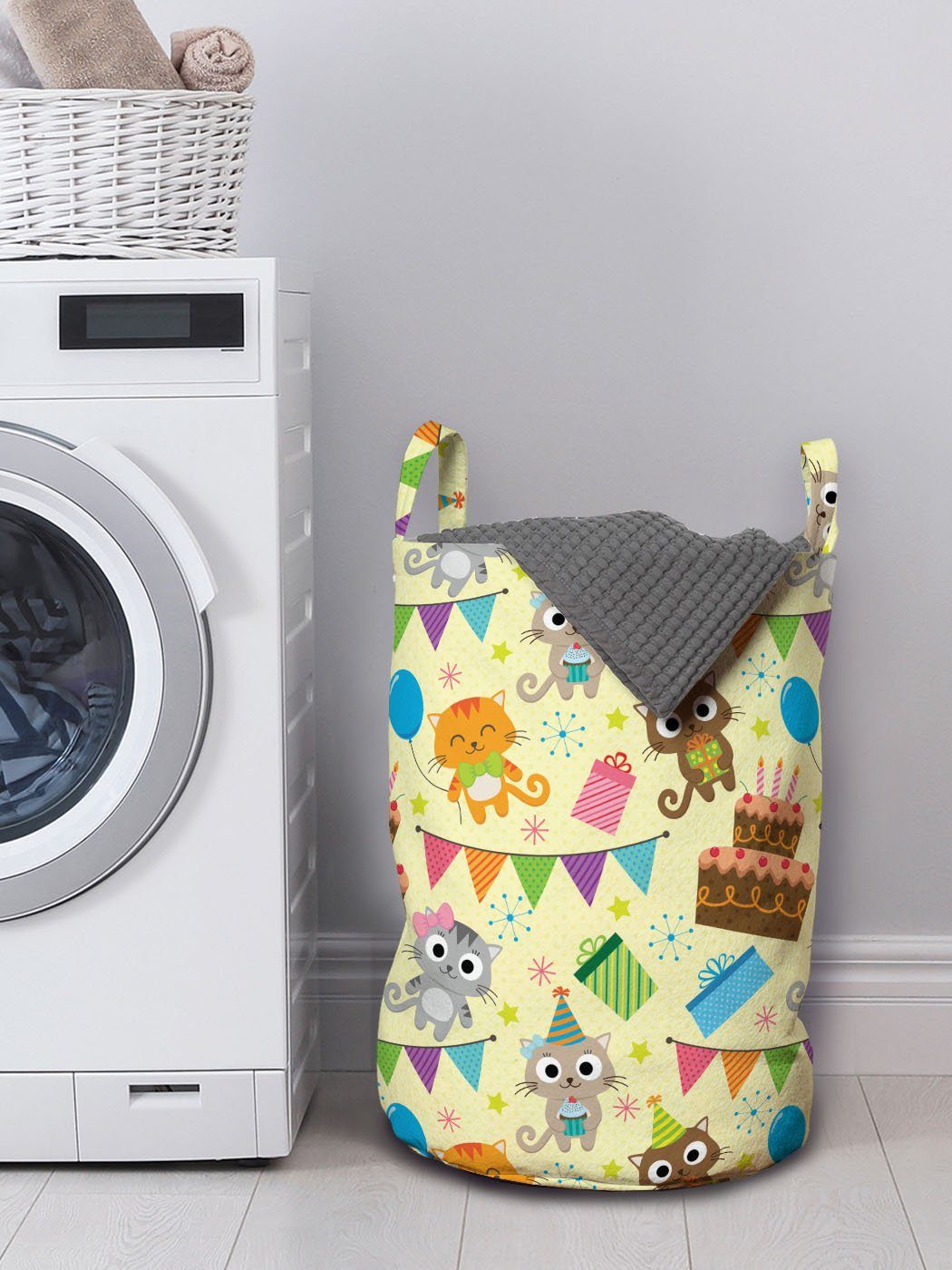 Wäschekorb für Waschsalons, Kordelzugverschluss Gute Zum Griffen Wäschesäckchen Alles Abakuhaus Katzen Geburtstag mit Cartoon-Party