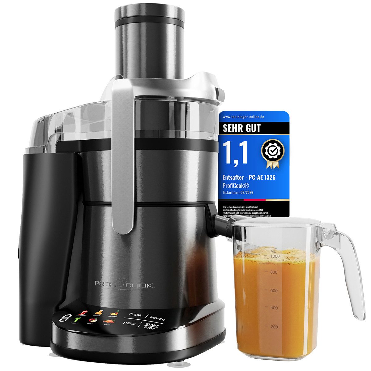ProfiCook Entsafter PC-AE 1326, leicht zu reinigen, 1000W Motor, feines Sieb