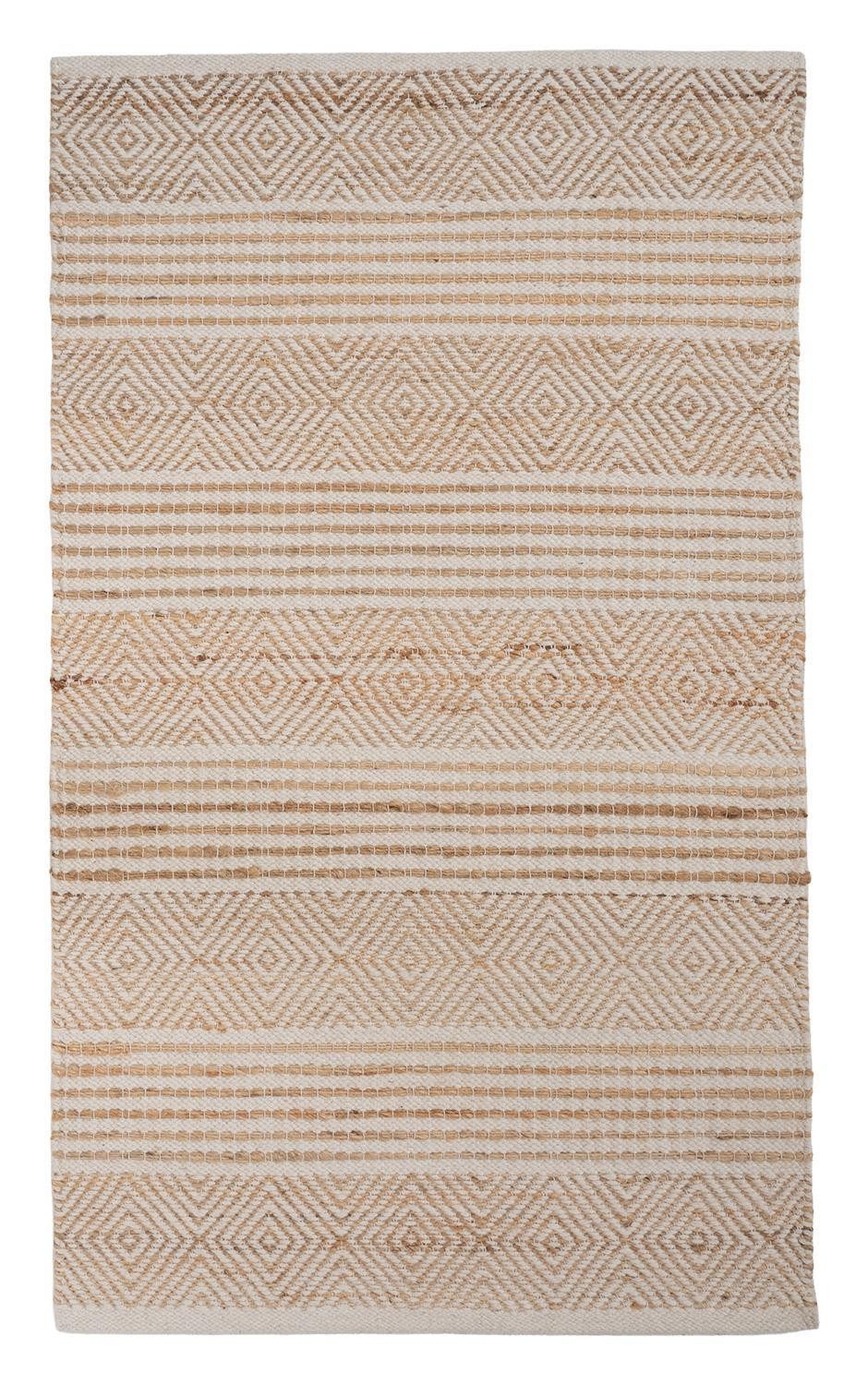 Home4You Teppich Handwebteppich, 70 x 140 cm, Beige, Weiß, rechteckig, Streifen- und Ethnomuster, handgewebt