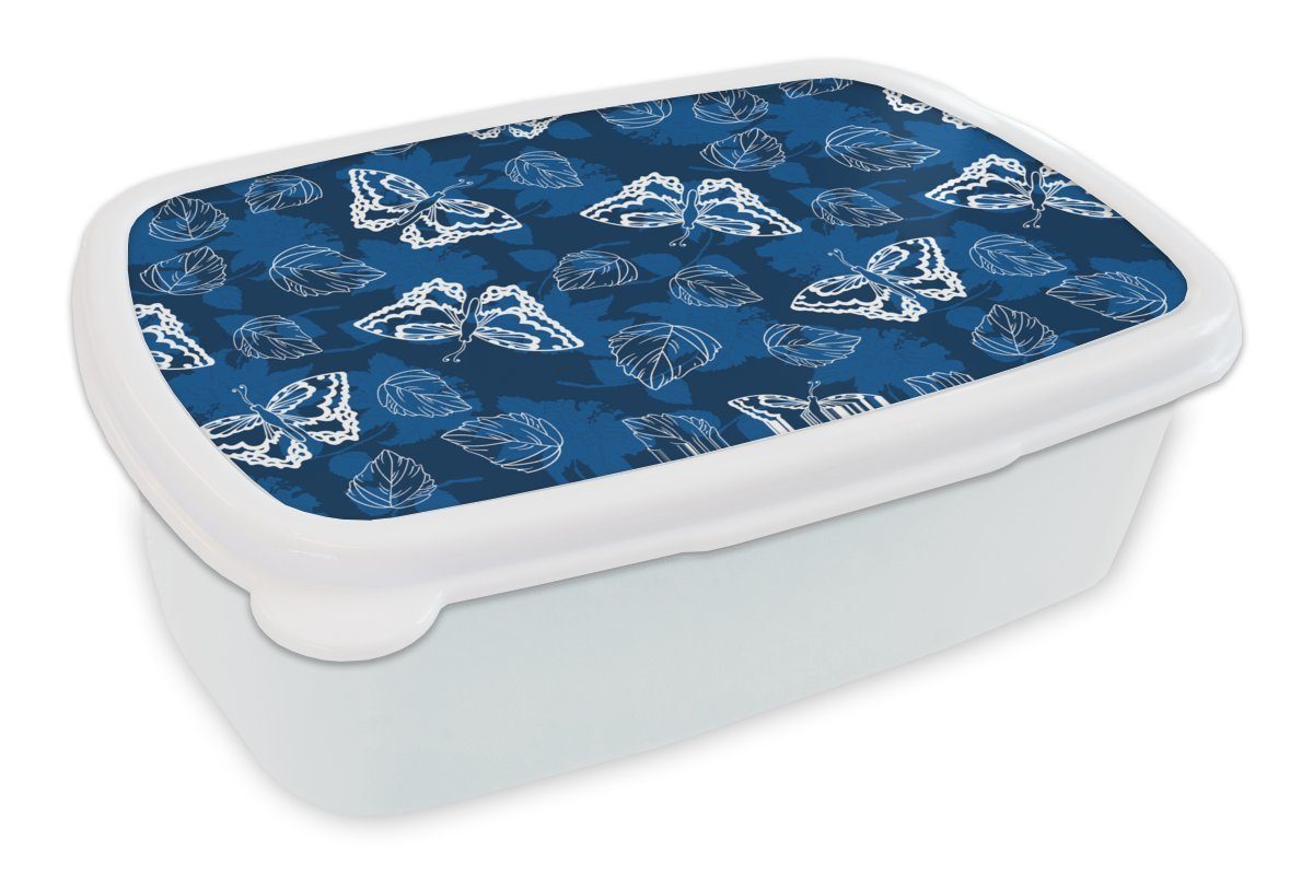 MuchoWow Lunchbox Schmetterling - Insekten - Blau - Weiß - Design, Kunststoff, (2-tlg), Brotbox für Kinder und Erwachsene, Brotdose, für Jungs und Mädchen