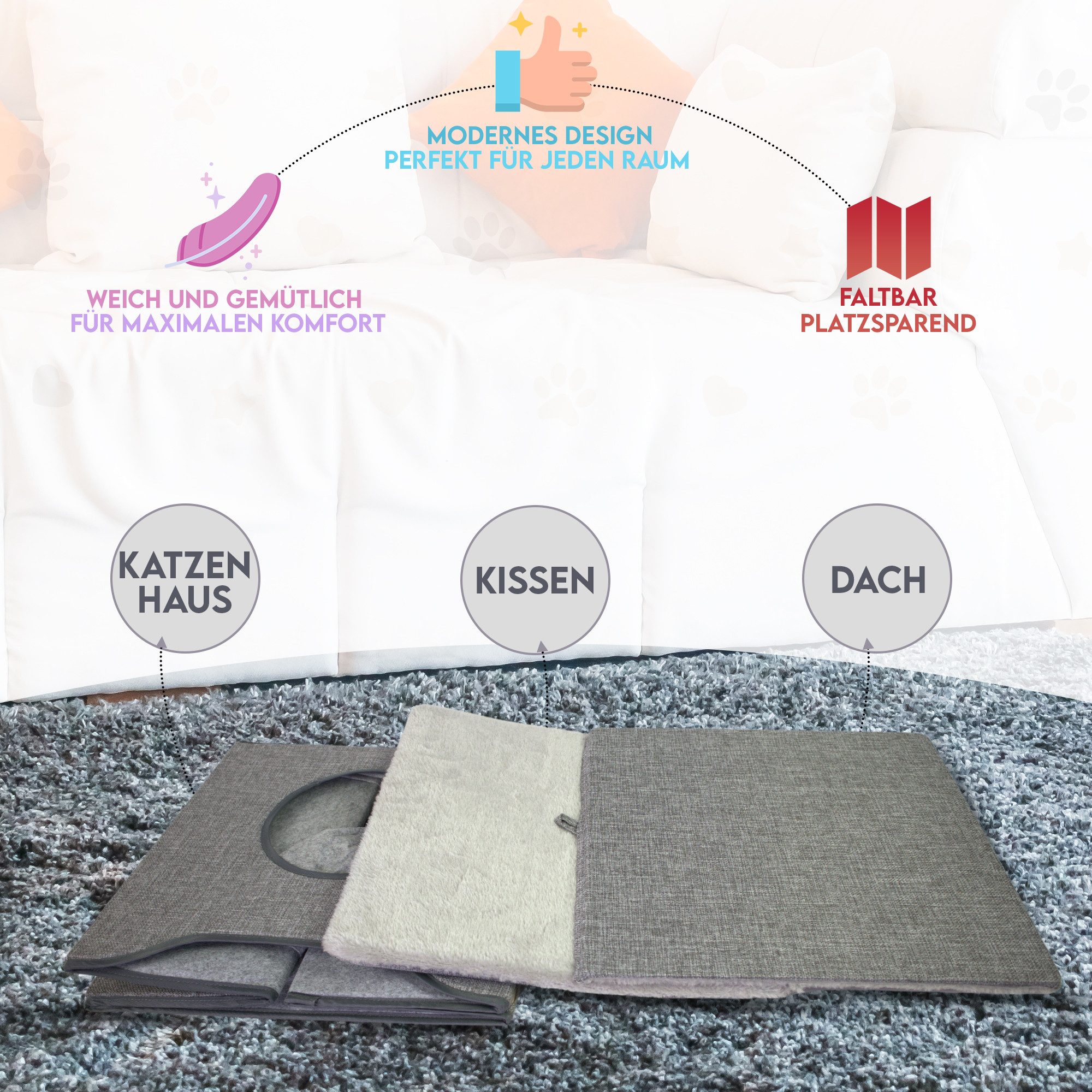 hausleben Katzenhaus Grau – 40×38×40 cm, inkl. 2 Matratzen & Liegefläche auf dem Dach