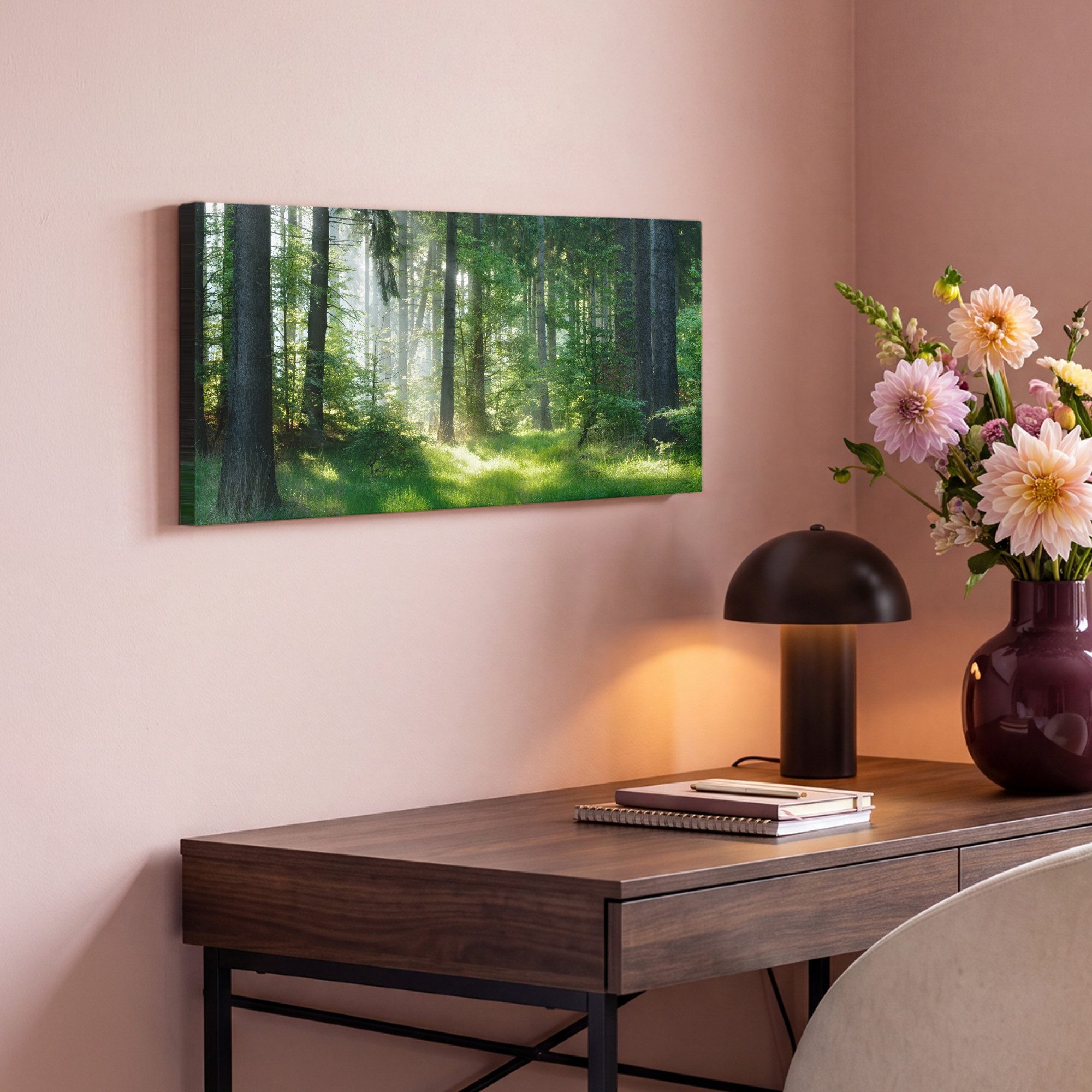 OneMillionCanvasses® Leinwandbild Panorama Natur - Bäume - Wald - Grün - Sonne - Gras - Pflanzen, Fotodruck (1 St), Wandbild, Deko Schlafzimmer Wohnzimmer Flur  – Bild 4 von 5