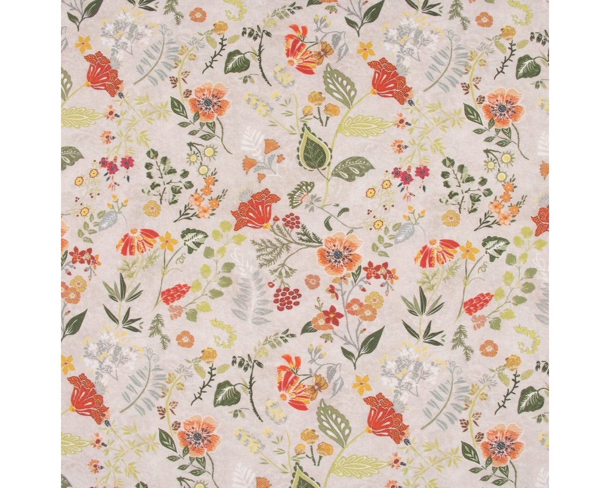 Thumbnail - Stoff Gardinenstoff Dekostoff Blumen Gräser natur orange grün 1,60m, made in Germany