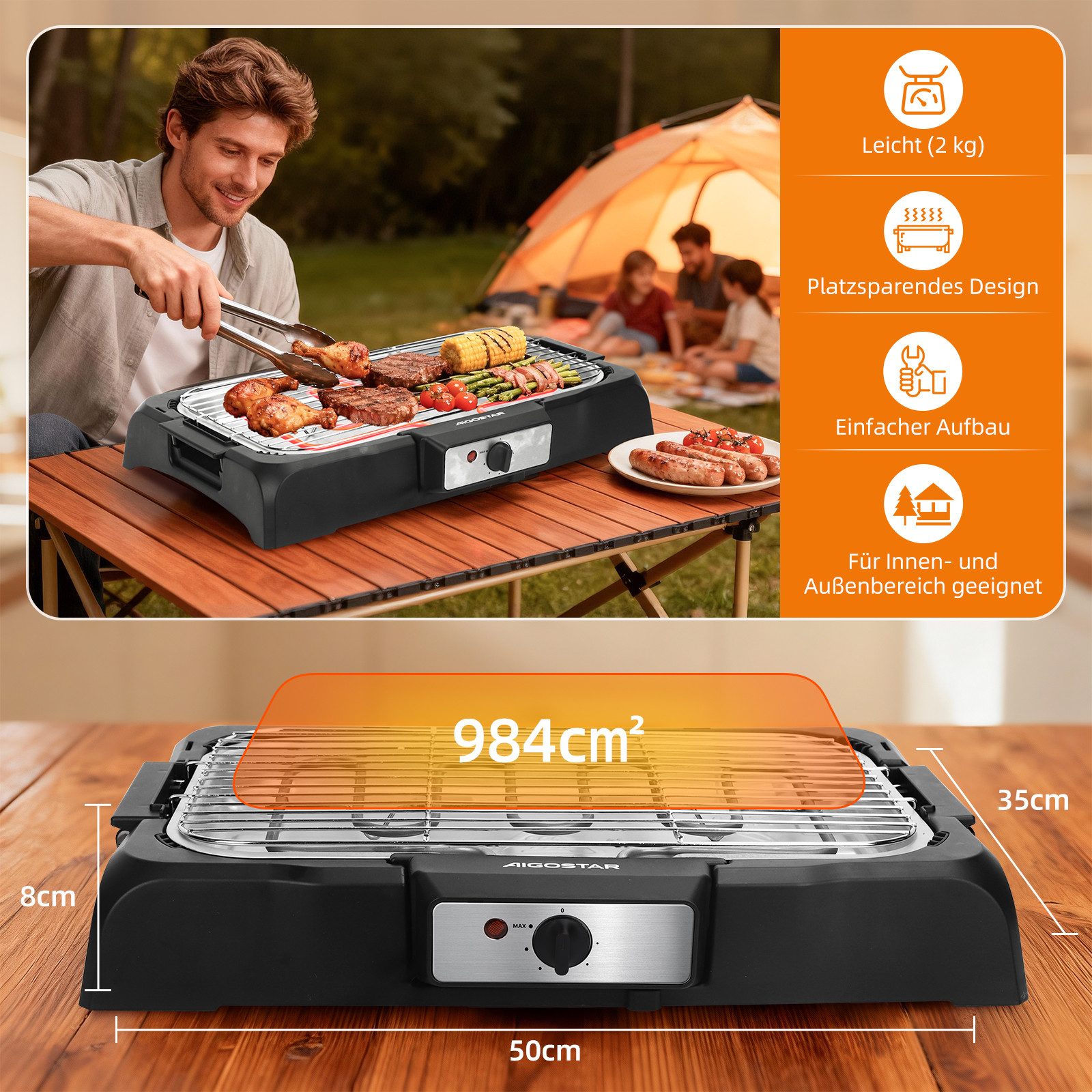 Aigostar Tischgrill Rauchfreier Tischgrill Barbecue Elektrogrill Elektrischer BBQ 2000 W, 2000 W