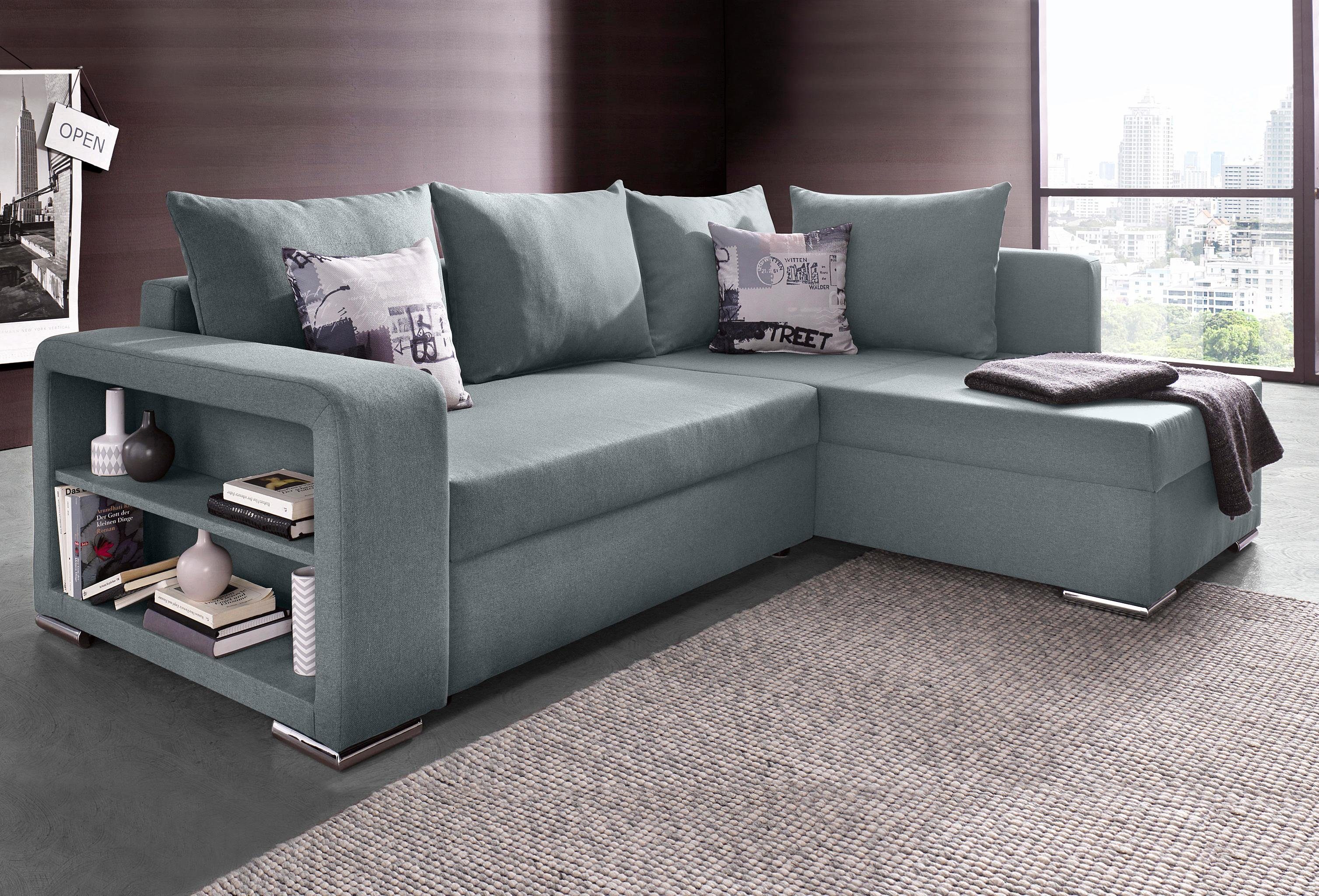 COLLECTION AB Ecksofa John L-Form, B: 226 cm, Bettfunktion, Bettkasten, Regalelement & 2 Zierkissen, Federkern