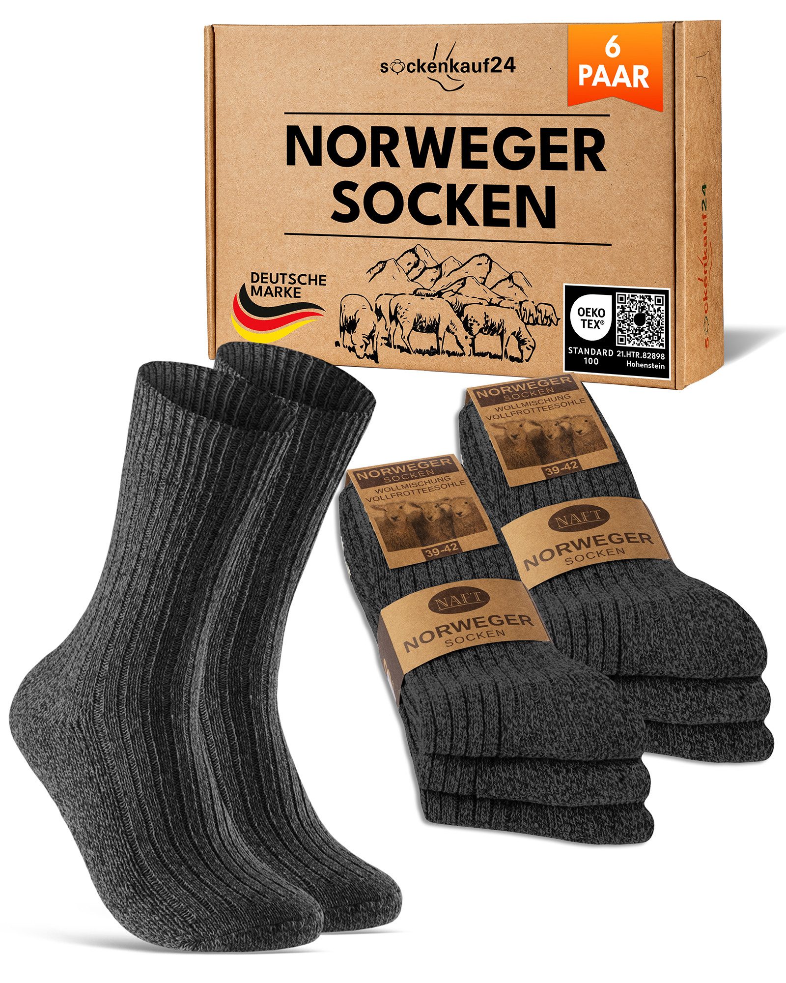 sockenkauf24 Norwegersocken 6 Paar warme Wintersocken Herren & Damen Wollsocken mit verstärkter Sohle in Schwarz Grau Anthrazit - 70301T