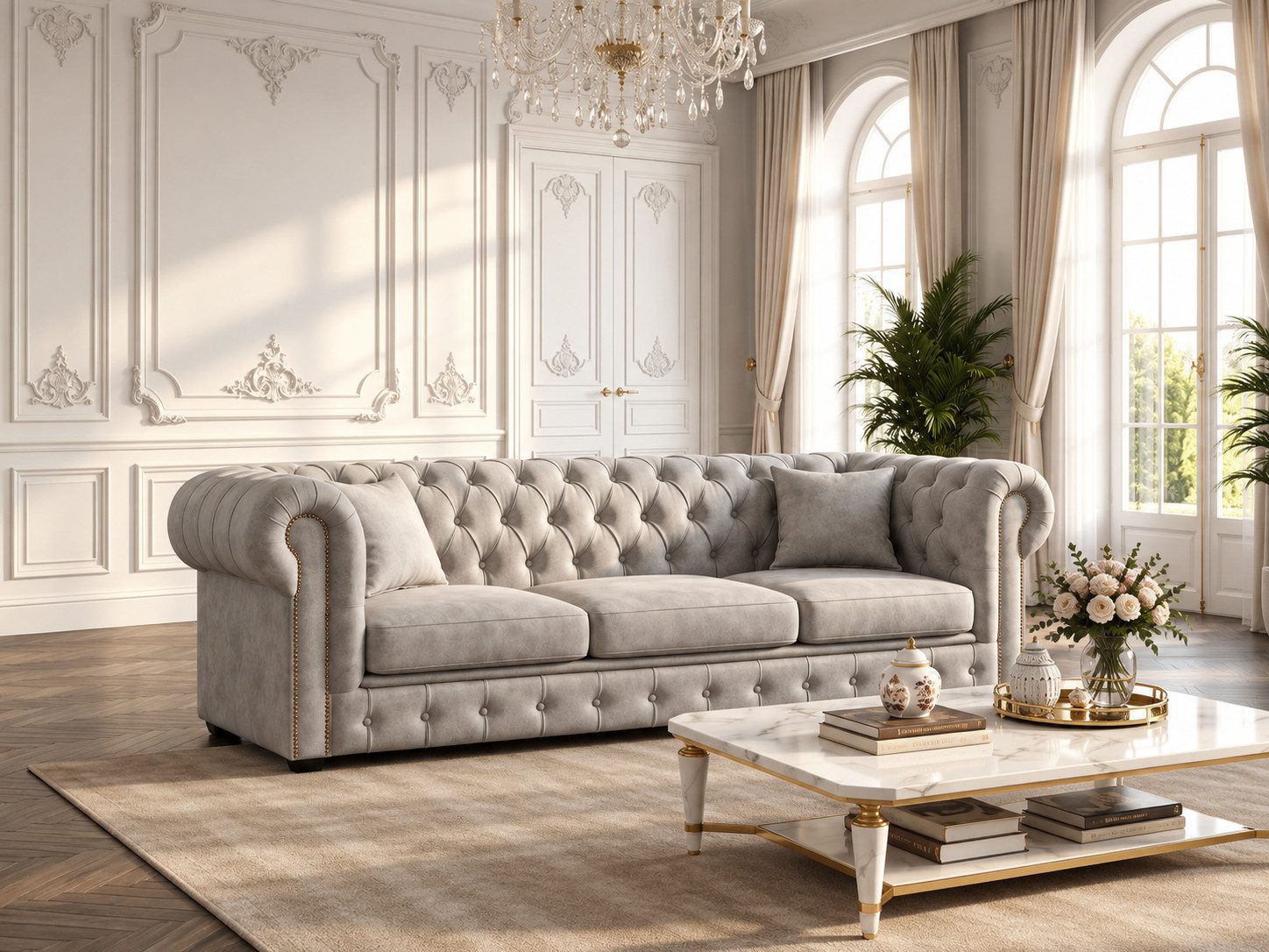 Möbeldreams Chesterfield-Sofa 2 oder 3-Sitzer Klassik mit charakteristischer Knopfheftung, Elegant Couch Klassik Polstersofa mit geschwungenen Armlehnen