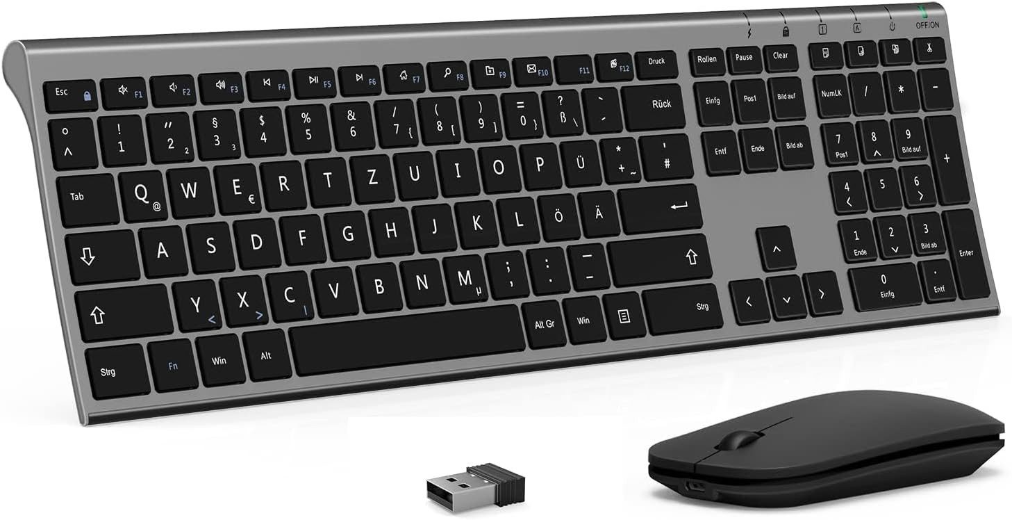 Seenda KS15F 2.4G Ultraflach Wireless Tastatur und Maus Aufladbar Tastatur- und Maus-Set, (aus Aluminium), Funktastatur Dünn für Windows/PC, Computer, Laptop