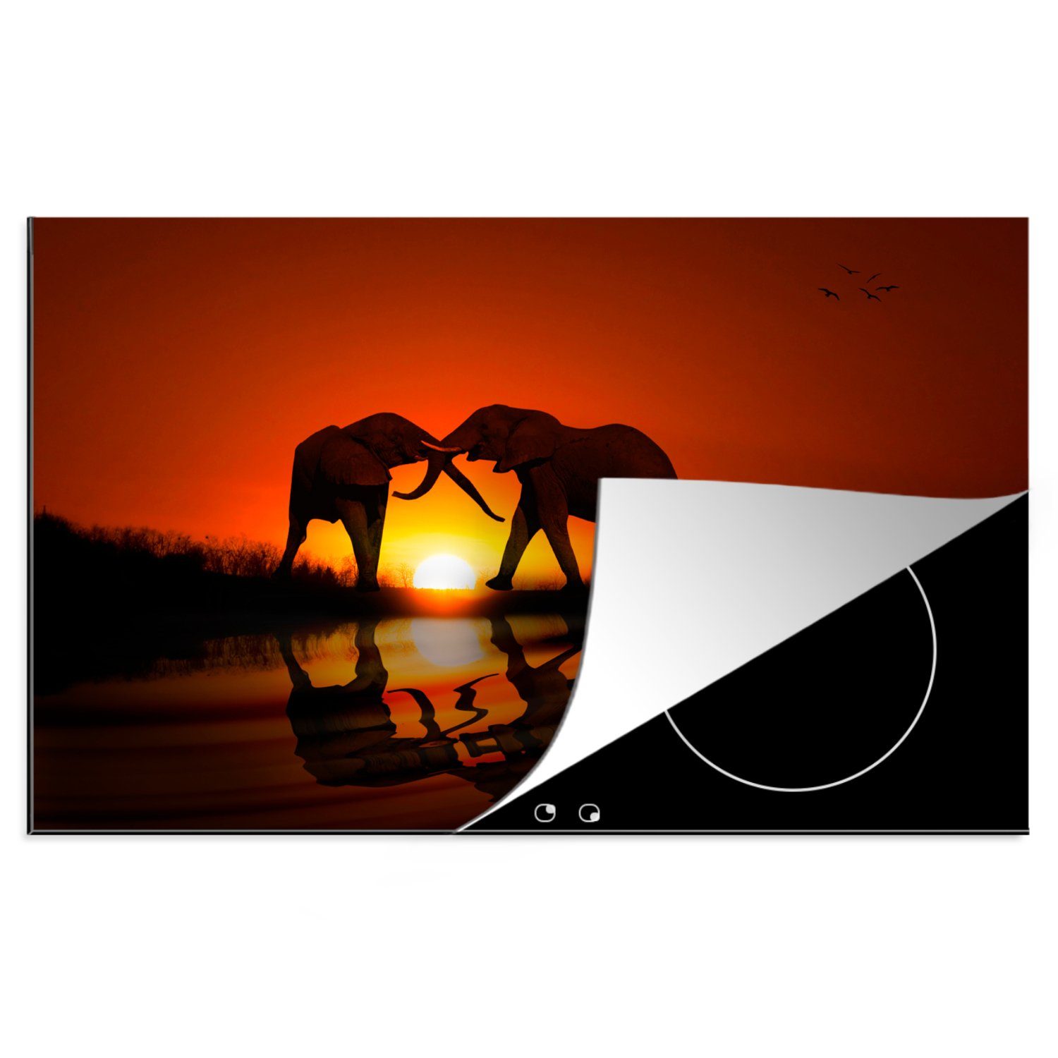 MuchoWow Herdblende-/Abdeckplatte Elefantenpaar bei Sonnenuntergang, Vinyl, (1 tlg), 81x52 cm, Induktionskochfeld Schutz für die küche, Ceranfeldabdeckung