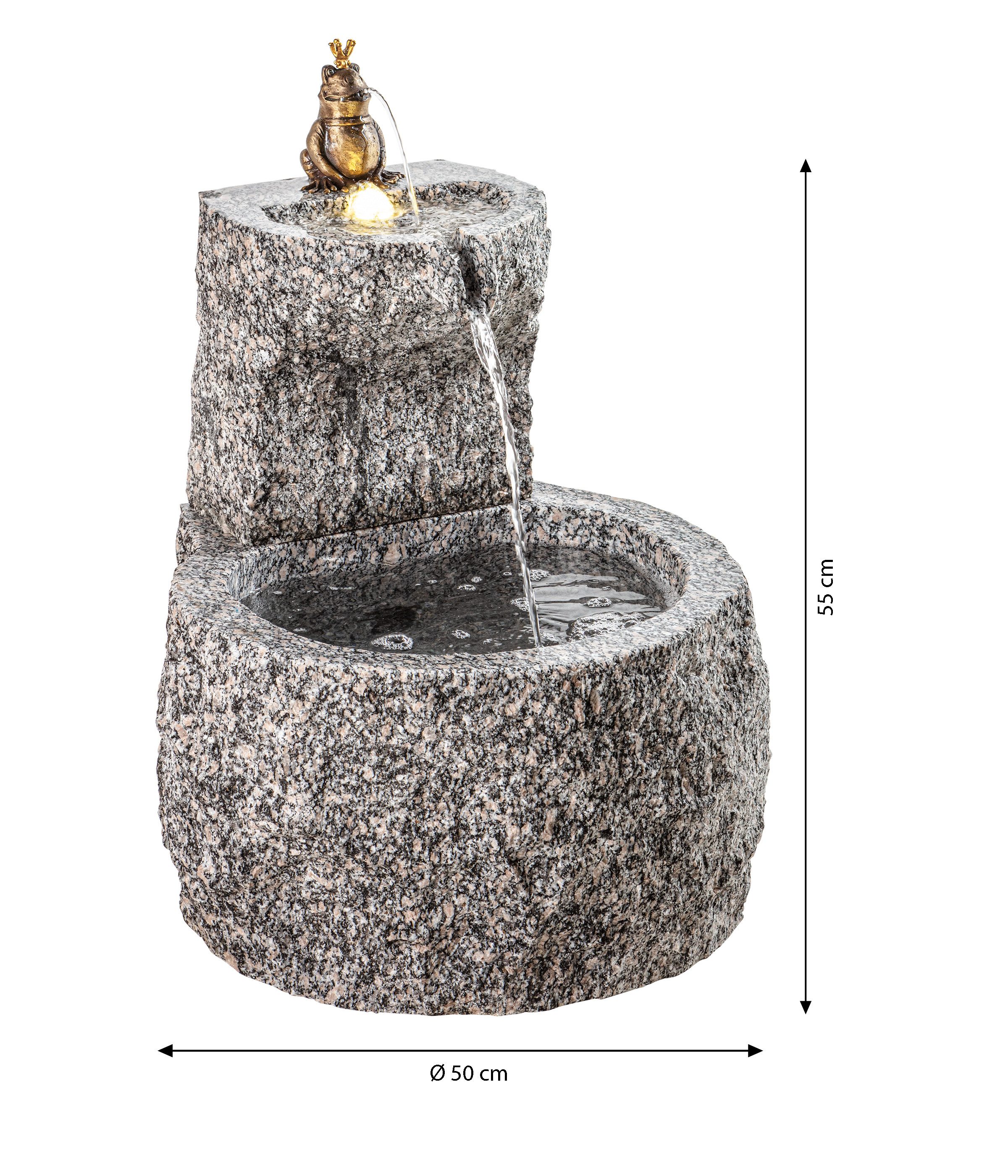 Dehner Gartenbrunnen Froschkönig mit LED, Ø 50 x 55 cm, Granit, Wassersprinkler mit Frosch aus Bronze, inkl. Pumpe / Trafo