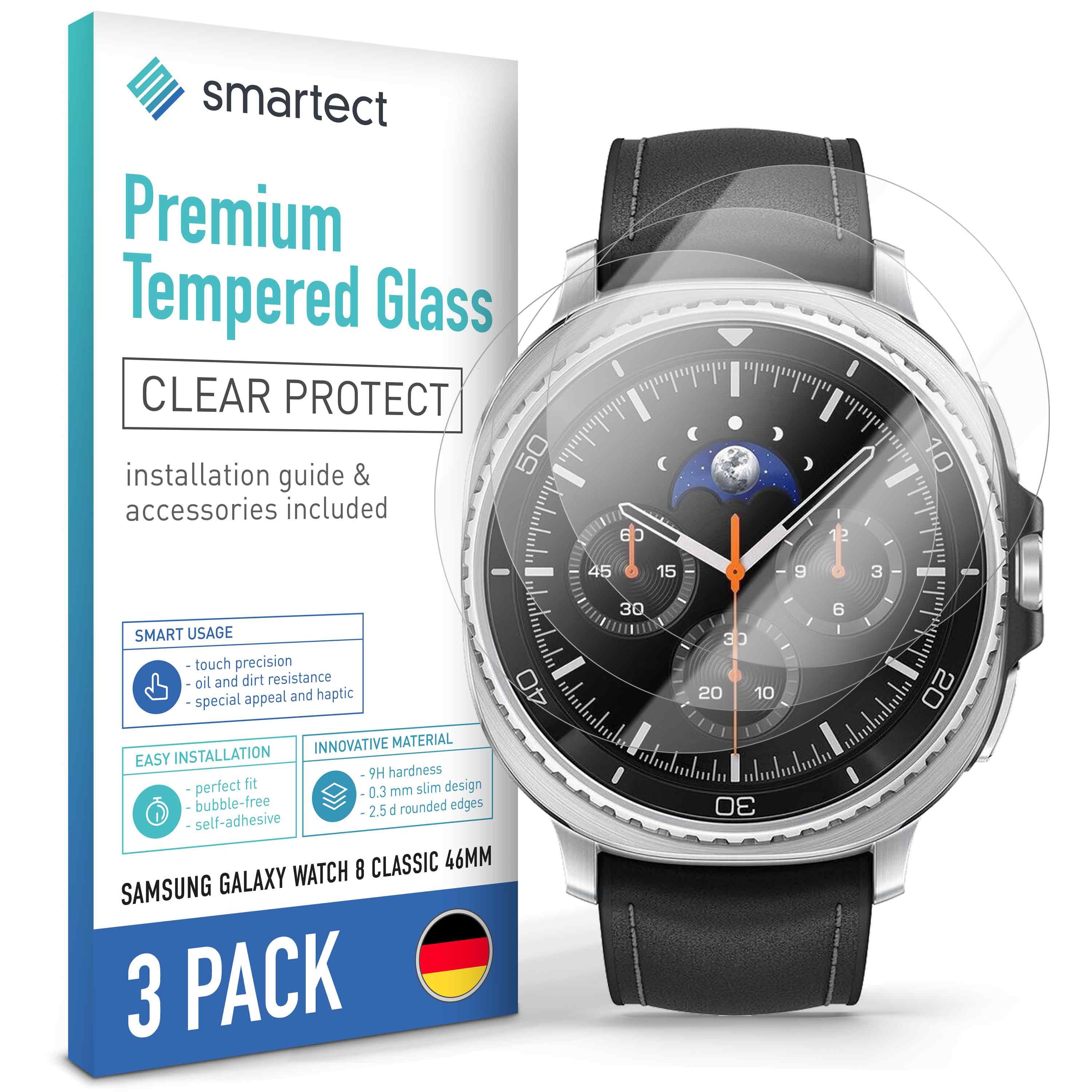 smartect Displayschutzglas 3X Schutzglas Panzerfolie Klar für Samsung Galaxy Watch 8 Classic 46mm für Samsung Galaxy Watch 8 Classic 46mm, Set, 3 Stück, 0.3 mm Ultra-klar, 9H Härte, Kratzfest, Stoßfest, Blasenfrei, Oleophob