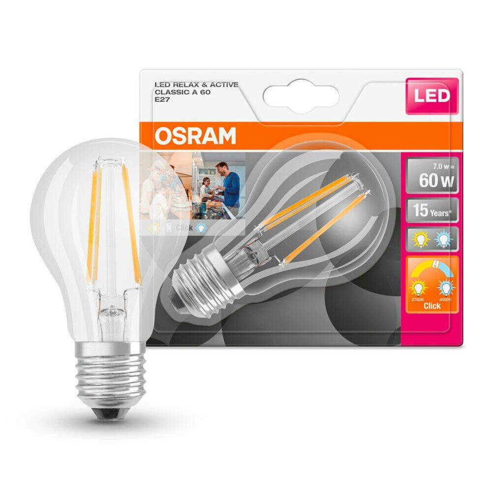 Ledvance LED-Leuchtmittel Osram LED Filament E27 A60 Klar 7W =60W Warm Kalt 806lm Relax & Active, E27, Warmweiß