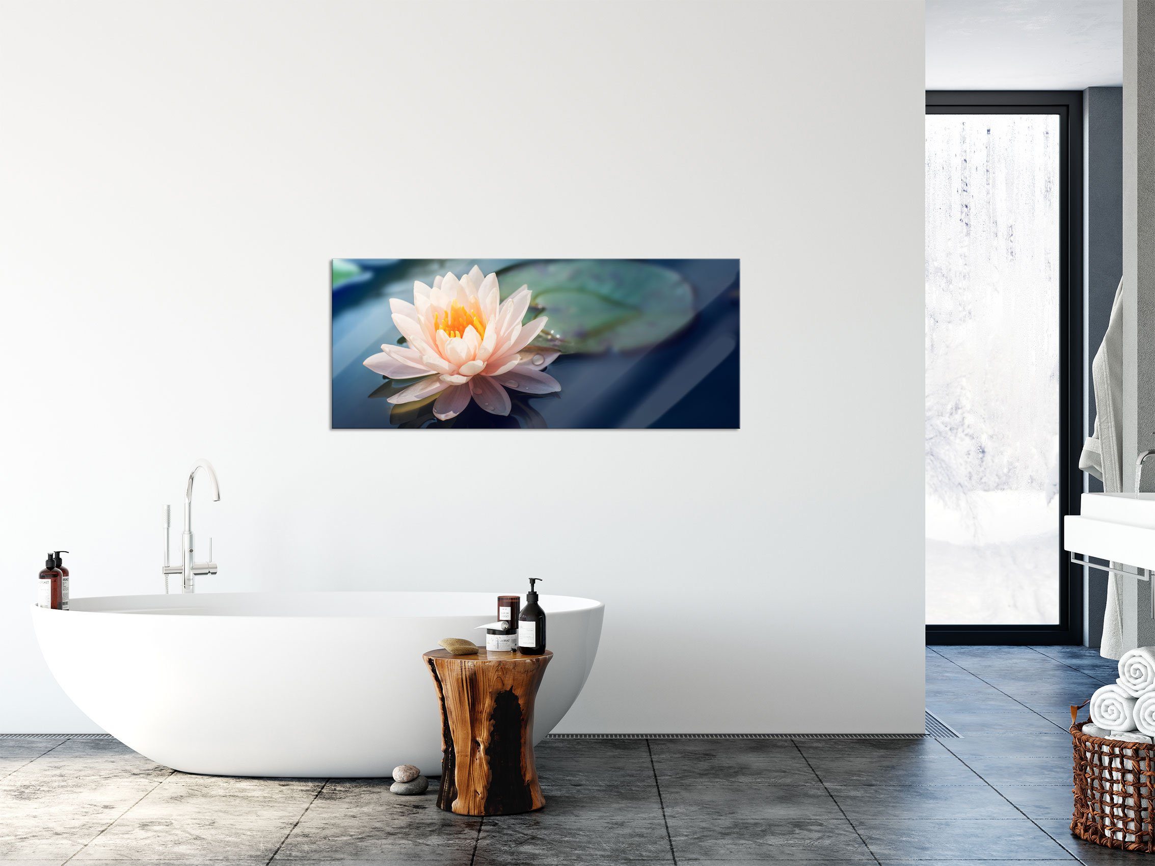 Lotusblume Aufhängungen in inkl. in Pixxprint rosa Echtglas, Teich (1 St), aus Eine Glasbild Eine und Glasbild rosa Teich, Abstandshalter Lotusblume