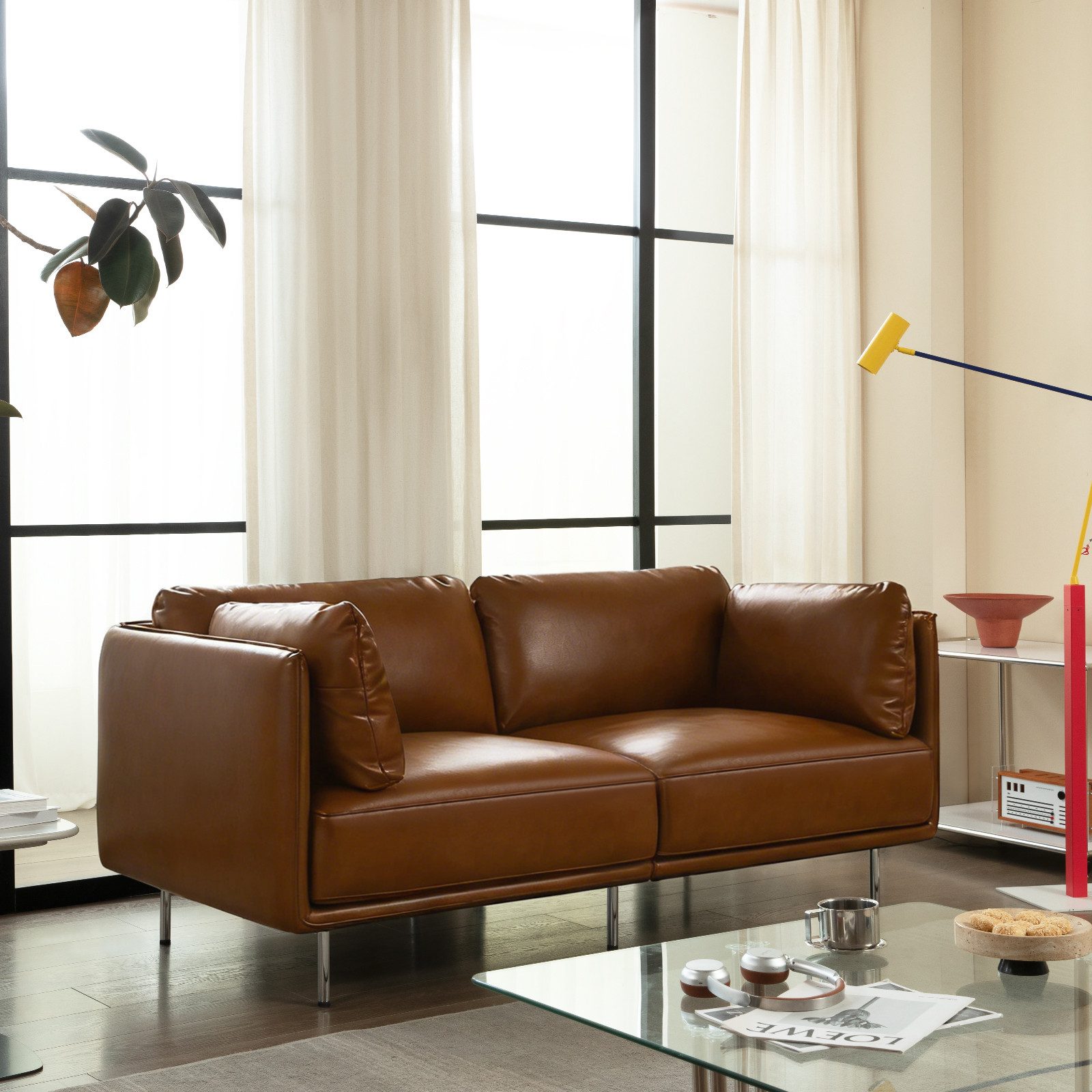 Woltu Sofa, aus Leder, im Bauhaus-Stil, Couch mit 18 cm hohen Füßen