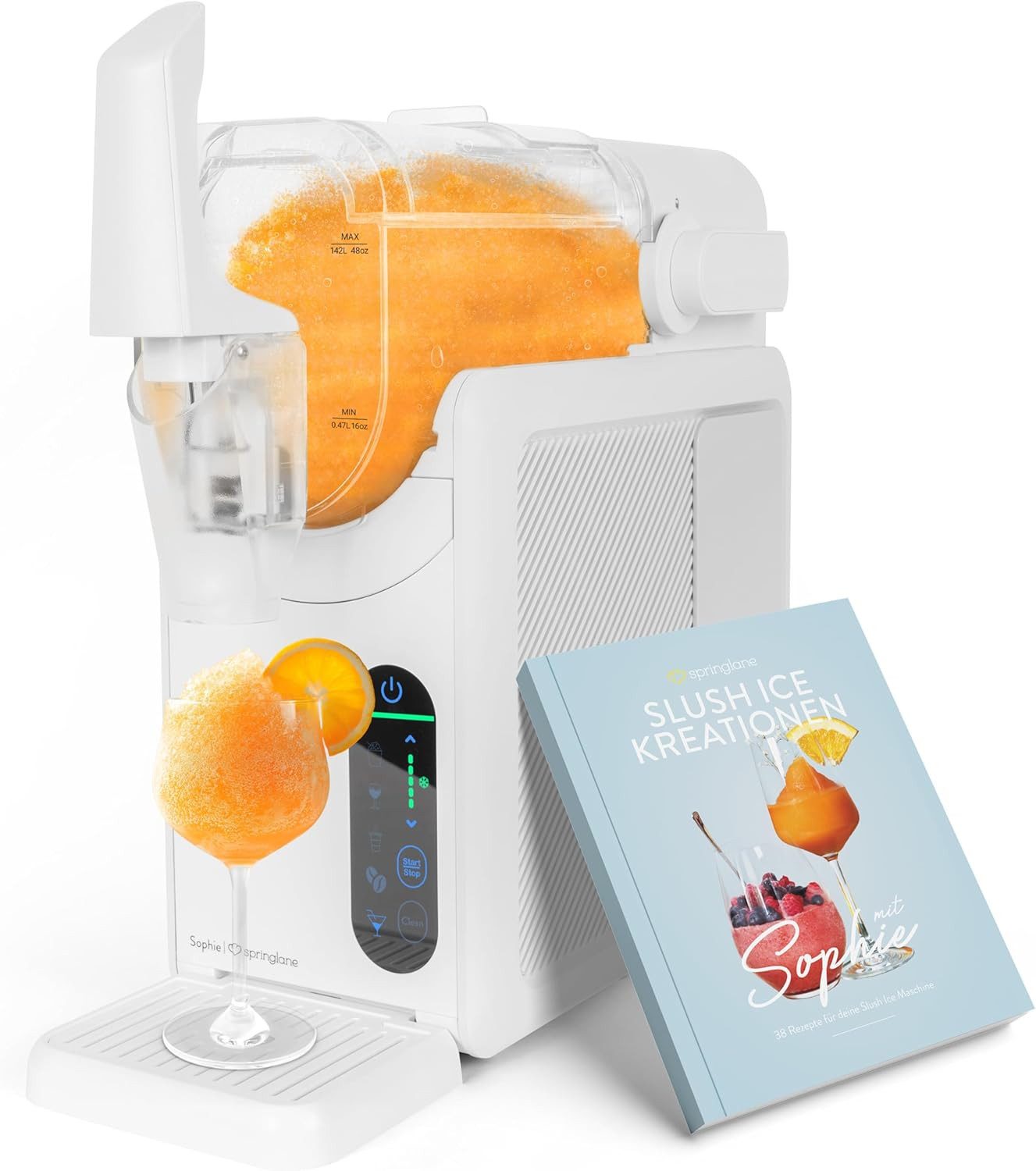 Springlane Slush-Eismaschine Sophie, 5-in-1 Slushmaker, 1,2 Liter, Quickfreeze, Rezeptbuch, Geräuscharm, Selbstreinigung, einstellbare Konsistenz, 12h kühlhalten