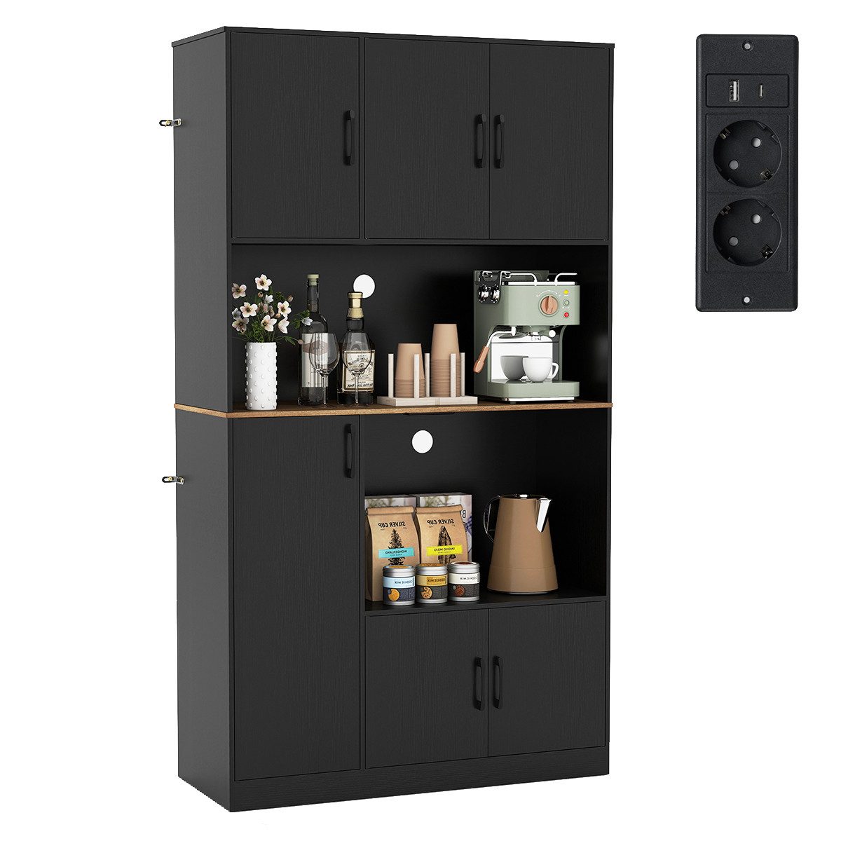 COSTWAY Küchenbuffet mit Steckdose, Arbeitsplatte Küchenschrank Holz 180cm
