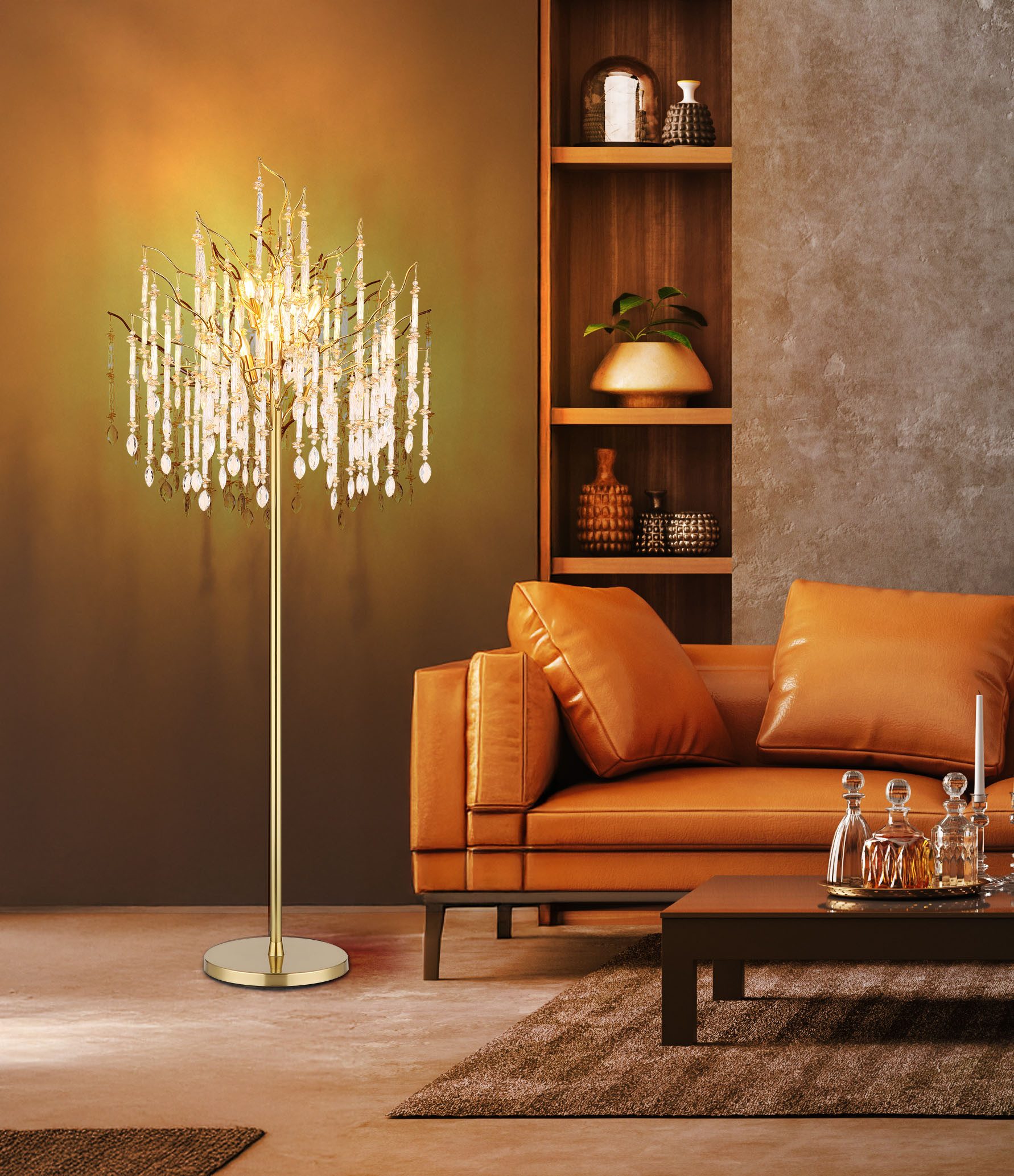 GLOBO LIGHTING Stehlampe GLORIA, ohne Leuchtmittel, Stehlampe in Gold matt mit warmem Kristalllicht