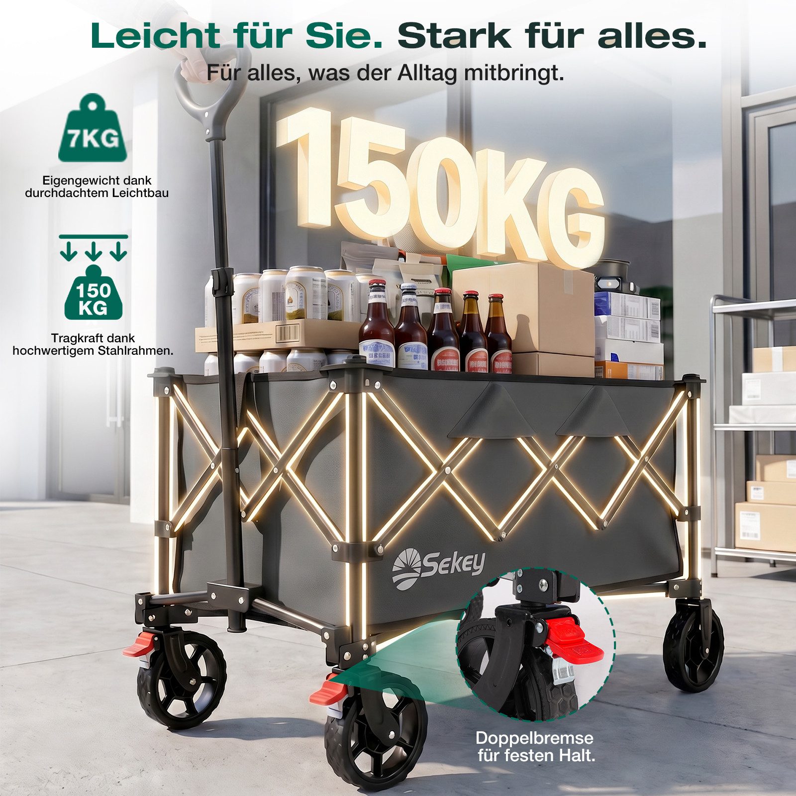 Sekey Bollerwagen Bollerwagen Faltbar Handwagen Belastbar bis 150kg Transportwagen, Zusammenfaltbar aus 4 Richtungen, mit verstellbarem Handgriff
