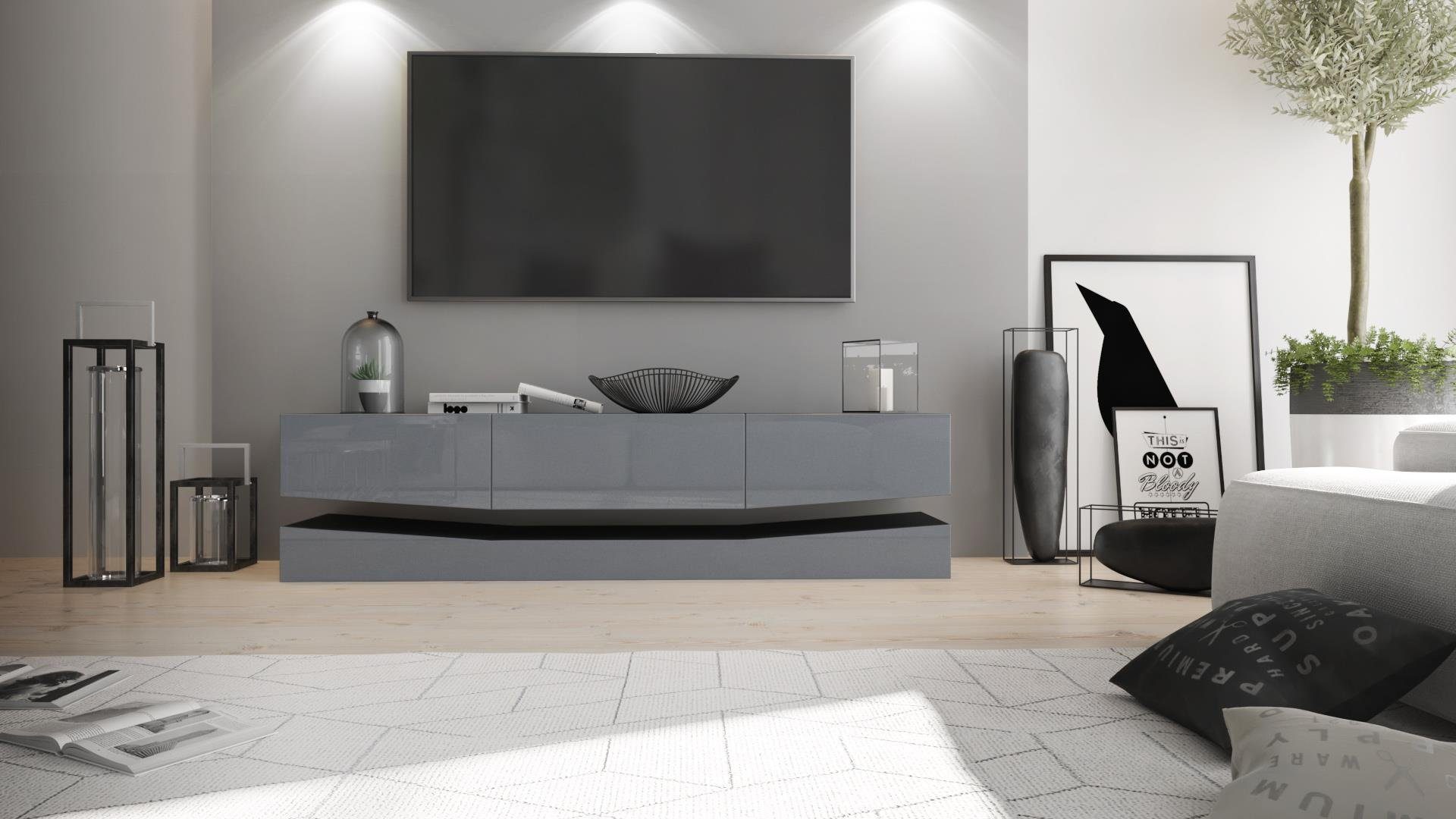 Vladon Lowboard City (TV-Kommode mit Sockelelement, 1 offenem Fach und 3 Schubkästen), Schwarz matt/Grau Hochglanz (178 x variabel x 39 cm)