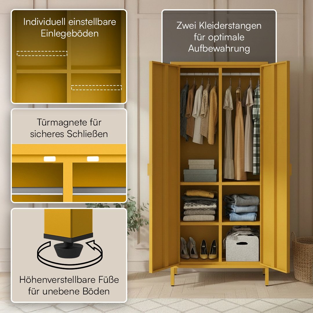 skølm Kleiderschrank Ituri aus Metall (Senfgelb) Metallschrank mit 6 Fächern & 2 Kleiderstangen, 170x80x45 cm