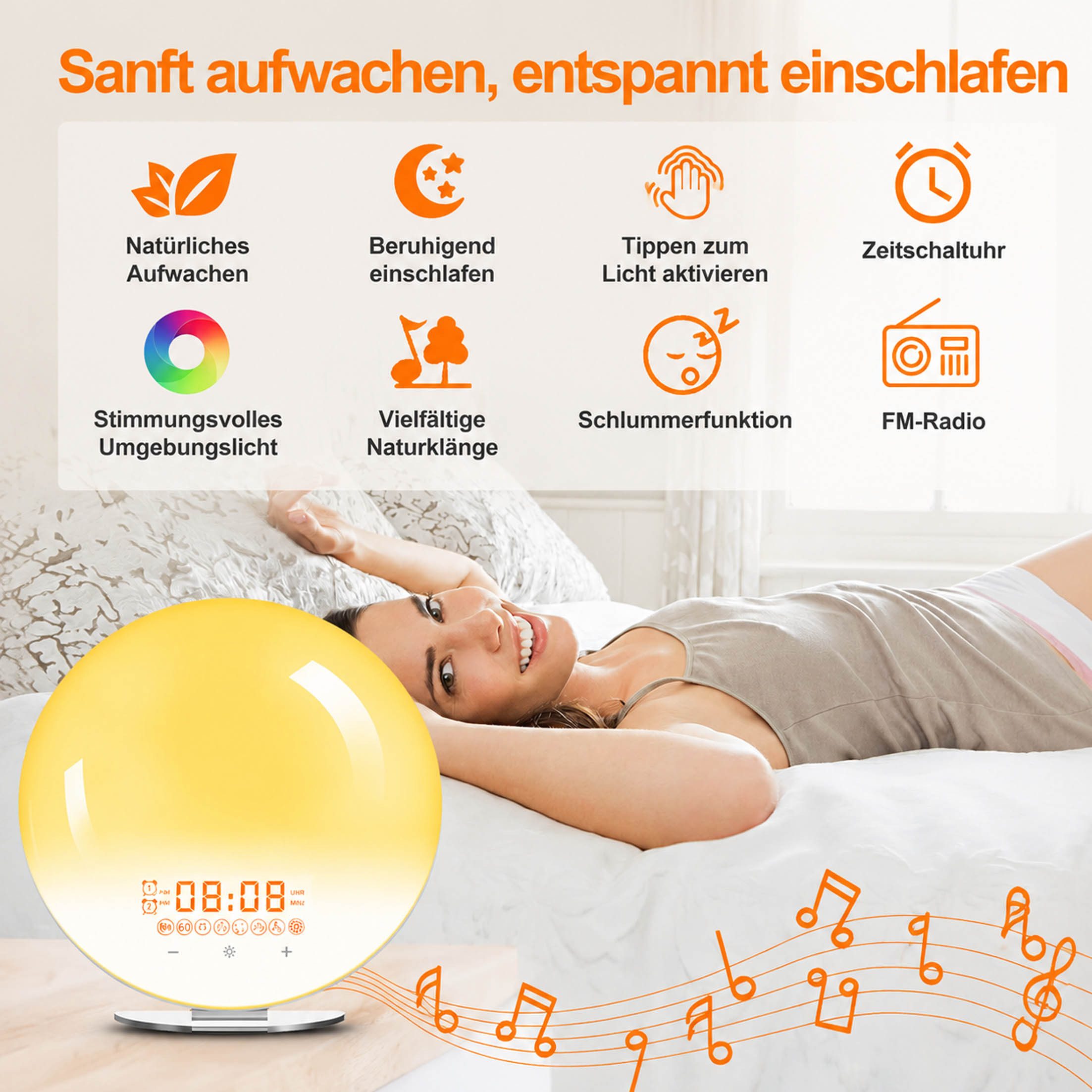 KINSI Wecker Tageslichtwecker, Sonnenaufgang Simulation, FM Radio, Nachtlicht Doppelalarm, 8 Einschlafsounds, 5x Schlummern, Touchlicht