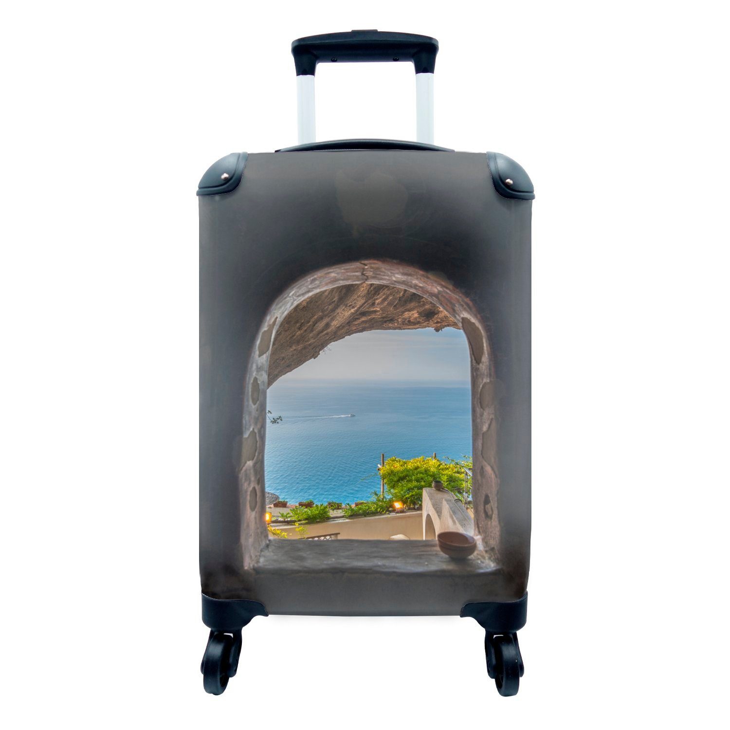 MuchoWow Handgepäckkoffer Blick auf das Meer durch ein Steinfenster, 4 Rollen, Reisetasche mit rollen, Handgepäck für Ferien, Trolley, Reisekoffer