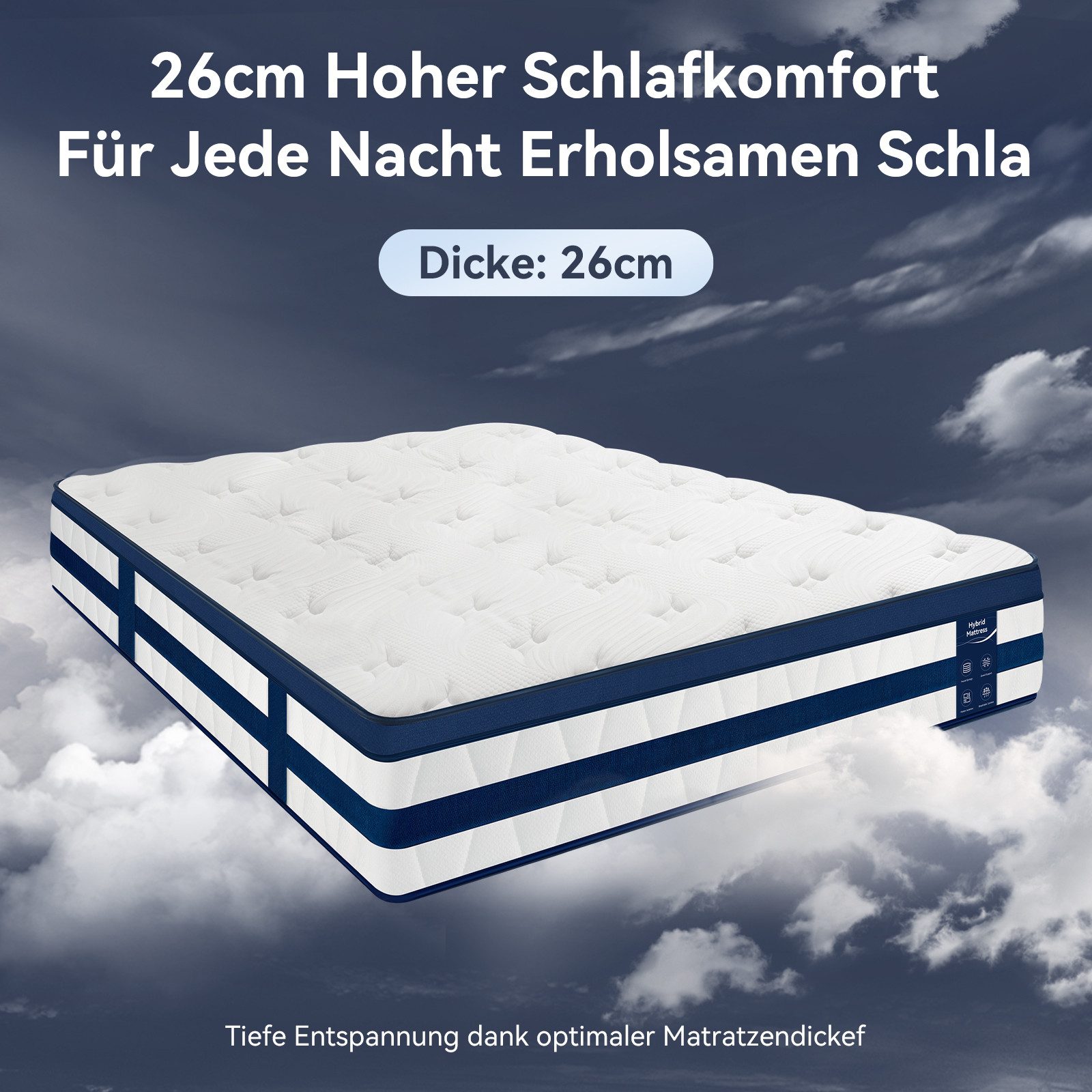 Federkernmatratze 7-Zonen Taschenfederkernmatratze Hybridmatratze, NicePlus, 26 cm hoch, Atmungsaktiv , Kühlend, Orthopädisch, Punktelastisch