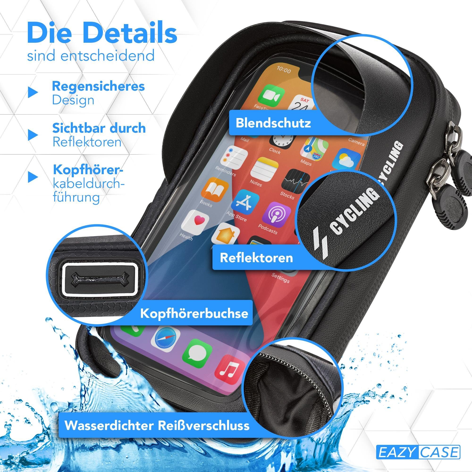 EAZY CASE Handyhülle Universal Fahrradhalterung Lenkertasche für Handys, Handyhalterung Montage am Lenker wasserfest mit Touchscreen Schwarz – Bild 2 von 5