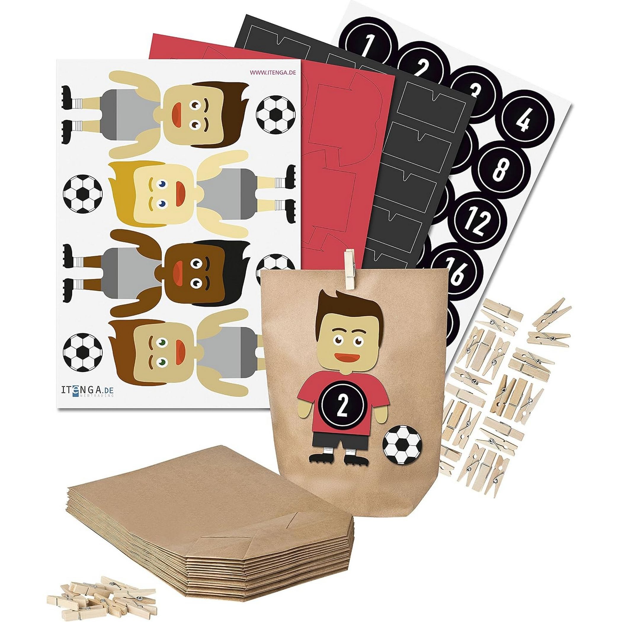 itenga befüllbarer Adventskalender Basteladventskalender Fußball Trikot rot Hose schwarz Sticker schwarz