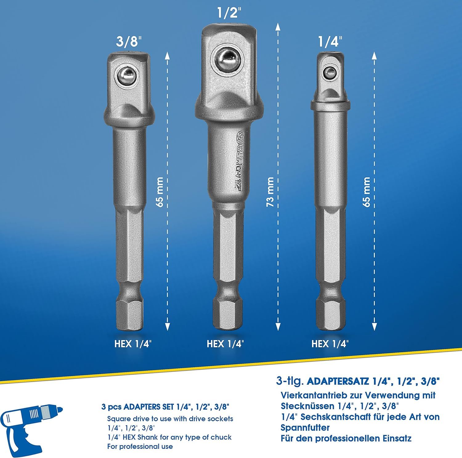 S&R Stecknüsse -Adapter, für Bohrmaschine und Akkuschrauber, aus Cr-V-Stahl, Satz, 3-St., 3 tlg. Adapter Sechskant auf 1/4", 1/2", 3/8" Vierkant, Aufstecken ohne Verkanten, Steckschlüssel Nüsse und Stecknüsse