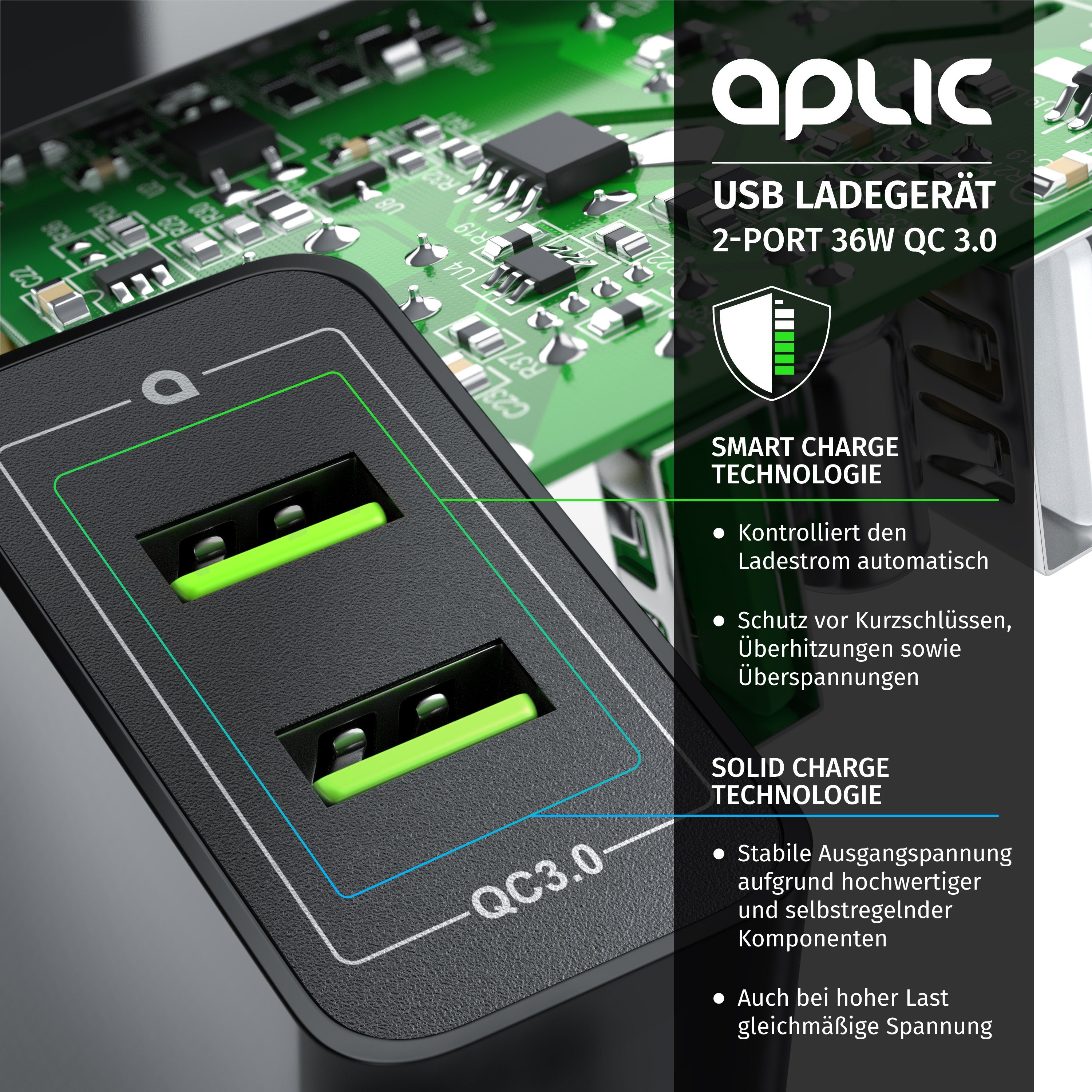 Aplic USB-Ladegerät (6000 mA, 2-Port Quick Charge USB Ladegerät 36 W / 6000 mA / Schnellladefunktion)