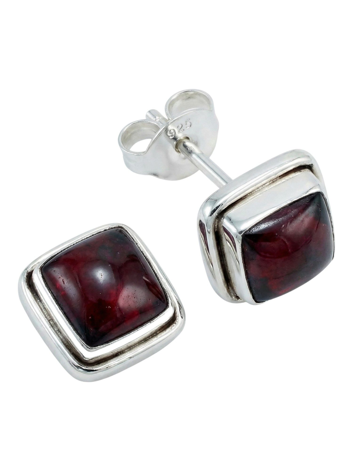 mantraroma Paar Ohrstecker SARALA eckig klein aus 925 Silber mit Granat (Paar, Paar Ohrringe mit Schmuckbeutel), 925 Sterling Silber Ohrringe für Damen