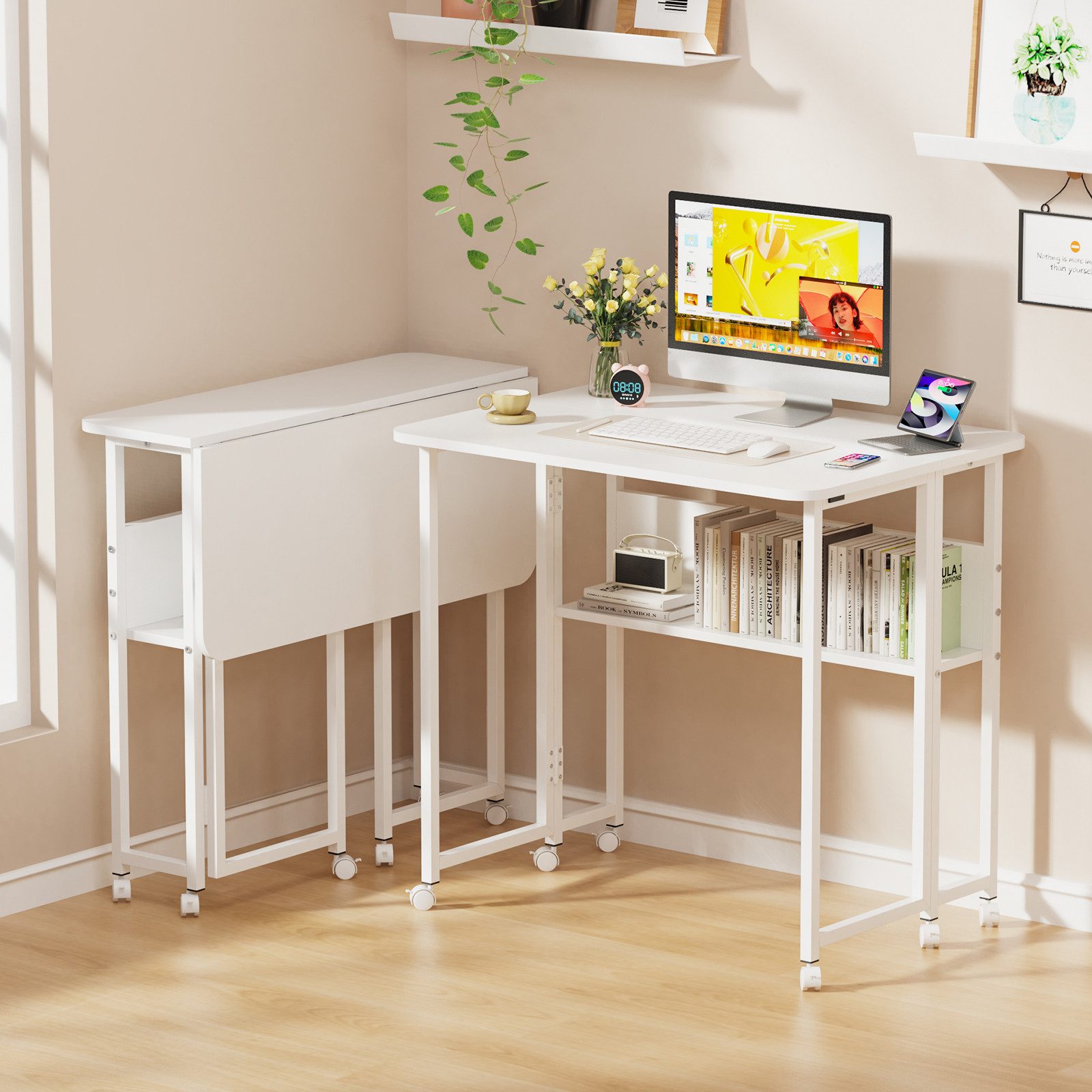 JEOBEST Computertisch Kleiner Schreibtisch klappbar mit Stauraum und Rollen, (1-St. 80x60cm) Arbeitstisch, für Homeoffice