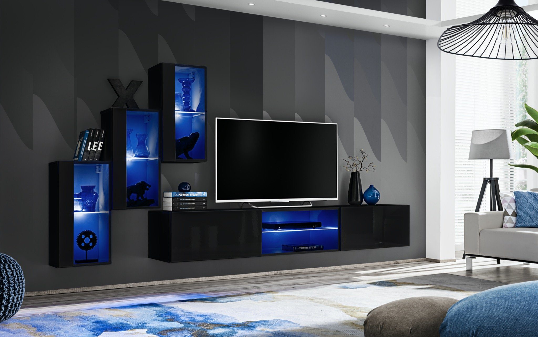 JVmoebel Wohnwand Hänge + 3x LED Ständer Vitrine 3x Luxus beleuchtet Schwarz, Hänge Ständer Wohnzimmermöbel TV TV (4-St., Vitrine)