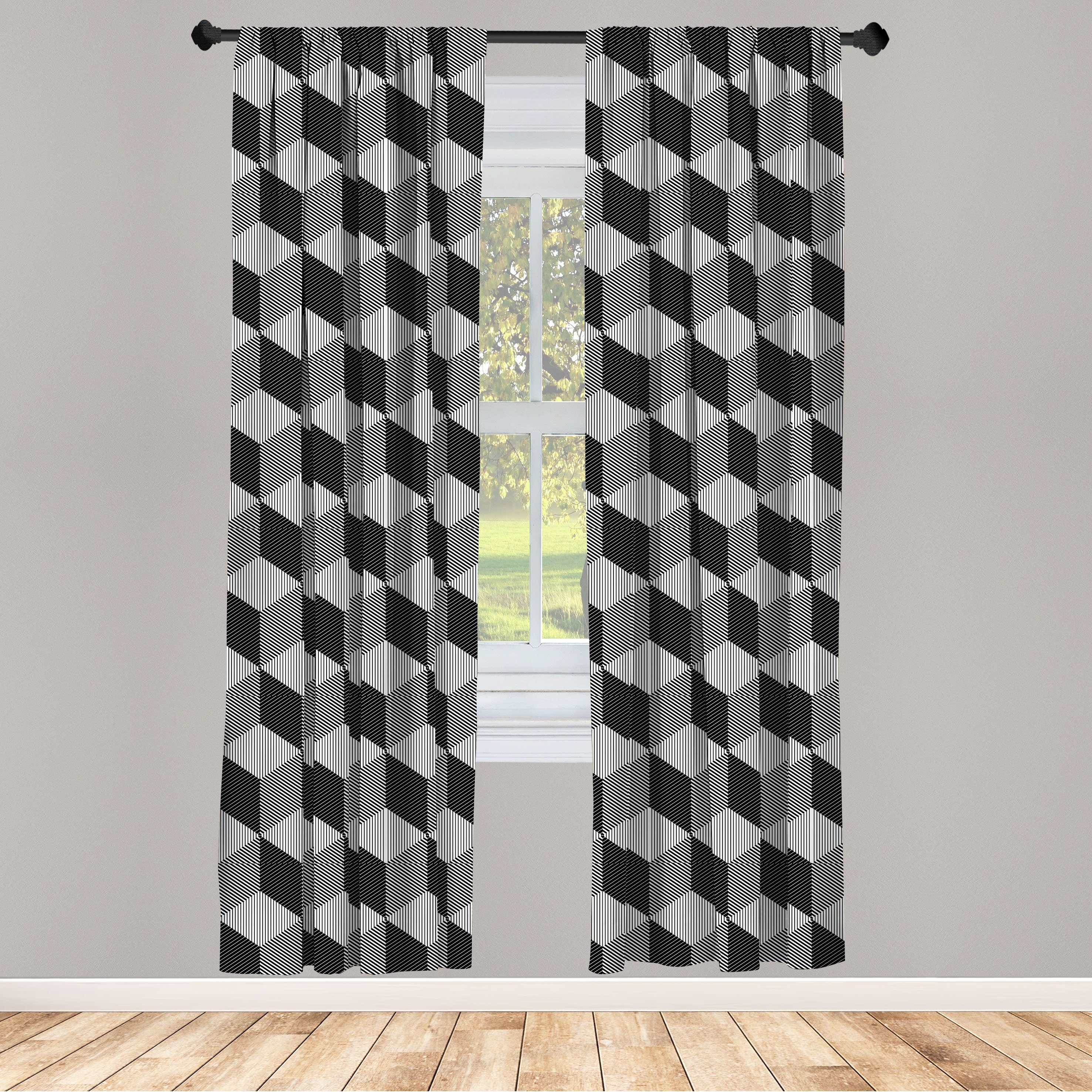 Gardine Vorhang für Wohnzimmer Schlafzimmer Dekor, Abakuhaus, Microfaser,  Schwarz und weiß monochrome Cube