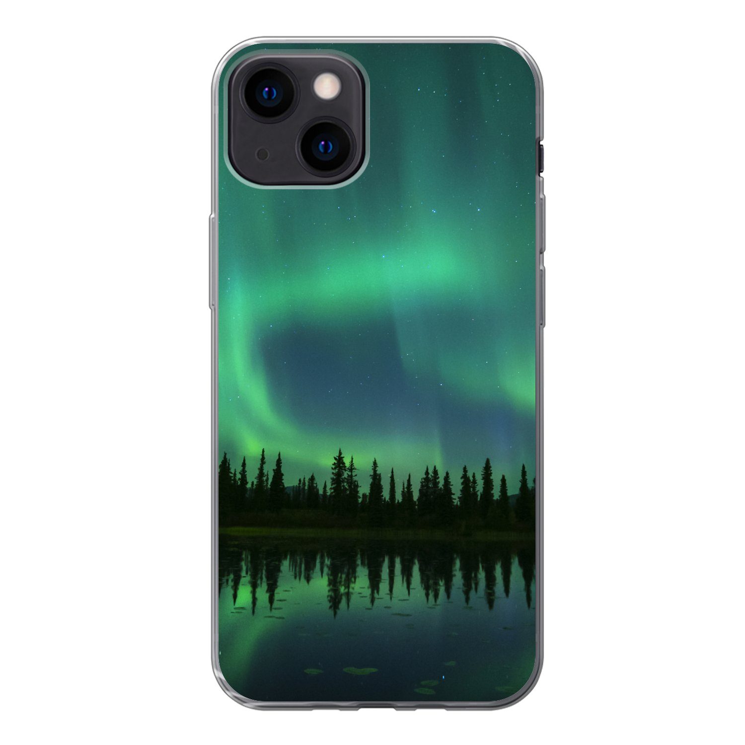 MuchoWow Handyhülle Nordlicht - Bäume - Wasser - Alaska, Handyhülle Apple iPhone 13, Smartphone-Bumper, Print, Handy