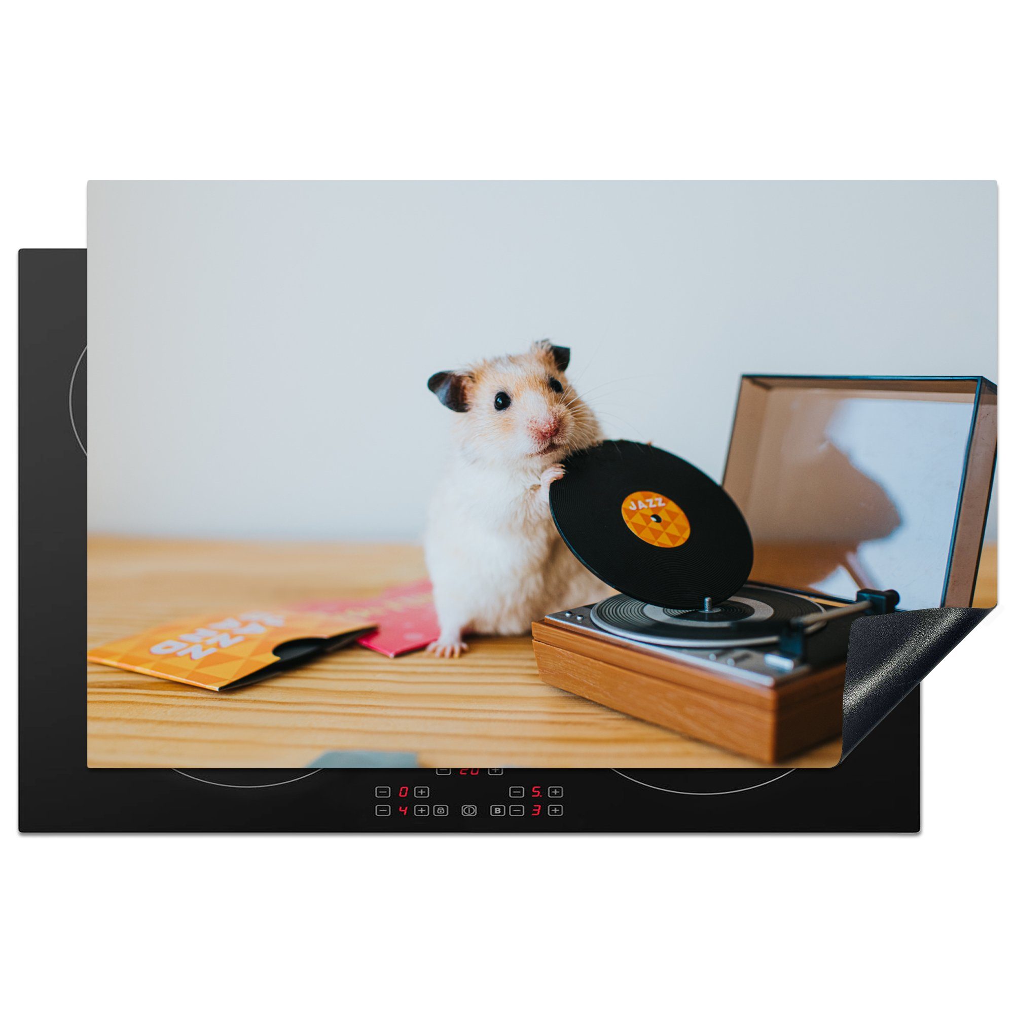 MuchoWow Herdblende-/Abdeckplatte Hamster - Plattenspieler - Musik, Vinyl, (1 tlg), 81x52 cm, Induktionskochfeld Schutz für die küche, Ceranfeldabdeckung
