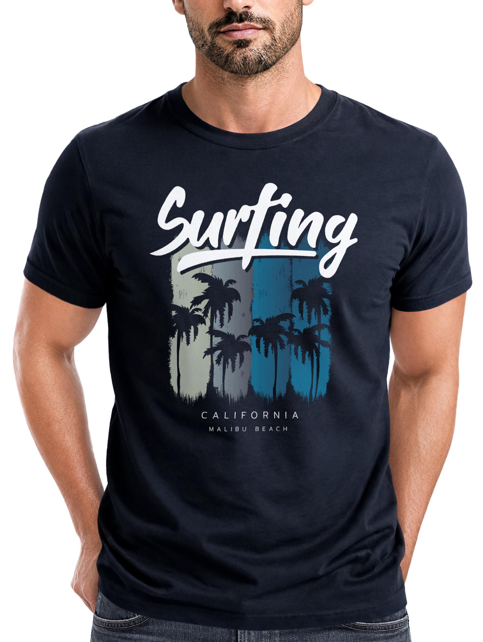 Print-Shirt Herren T-Shirt Surfing California Malibu Beach Sommer Strand Palmen