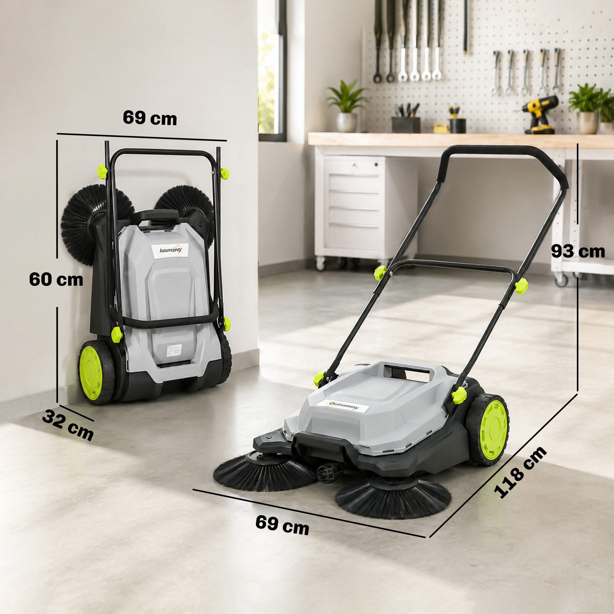 Outsunny Handkehrmaschine mit 24 L Schmutzbehälter, Höhenverstellbar klappbar Griff, 68 cm Arbeitsbreite, (Set, 1-St., Kehrmaschine), effektives 3-Bürsten-Kehrs – Bild 3 von 5