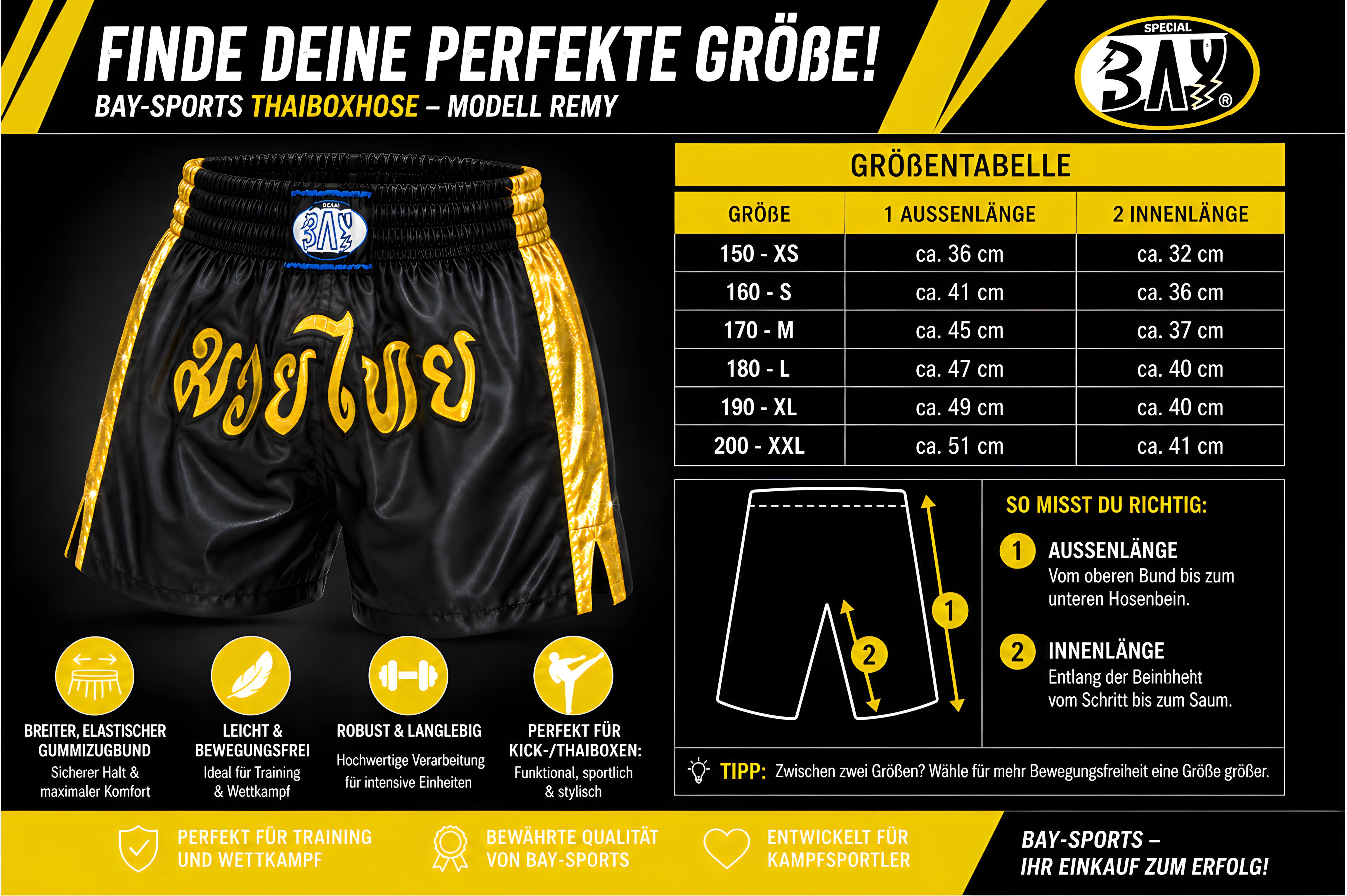 BAY-Sports Sporthose Thaiboxhose REMY Muay Thai Hose Shorts Thaiboxen MMA kurz Kickboxen kurze, leichte, locker sitzende Trainingshose, Schwarz/Gold