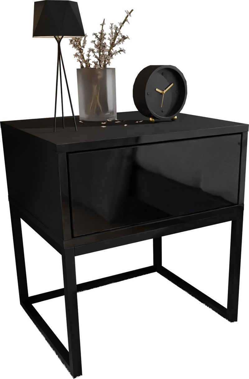 Domando Nachttisch Nachttisch Corvara, Breite 45cm, schwarzes Metallgestell, Push-to-open-System