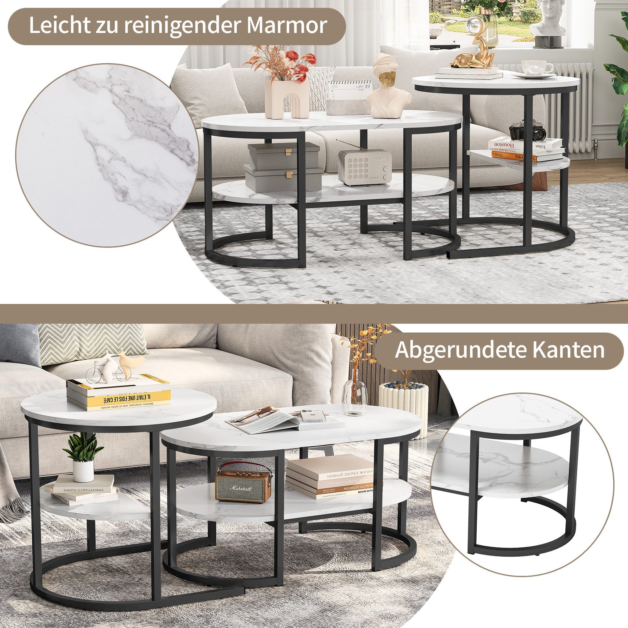 BELUPAI Couchtisch 2in1 Beistelltisch, Runder Tisch mit Marmoroptik (2er Set, 1-St., Satztisch), 80x46x41cm und 52x52x51cm,Weiß-Schwarz – Bild 5 von 5