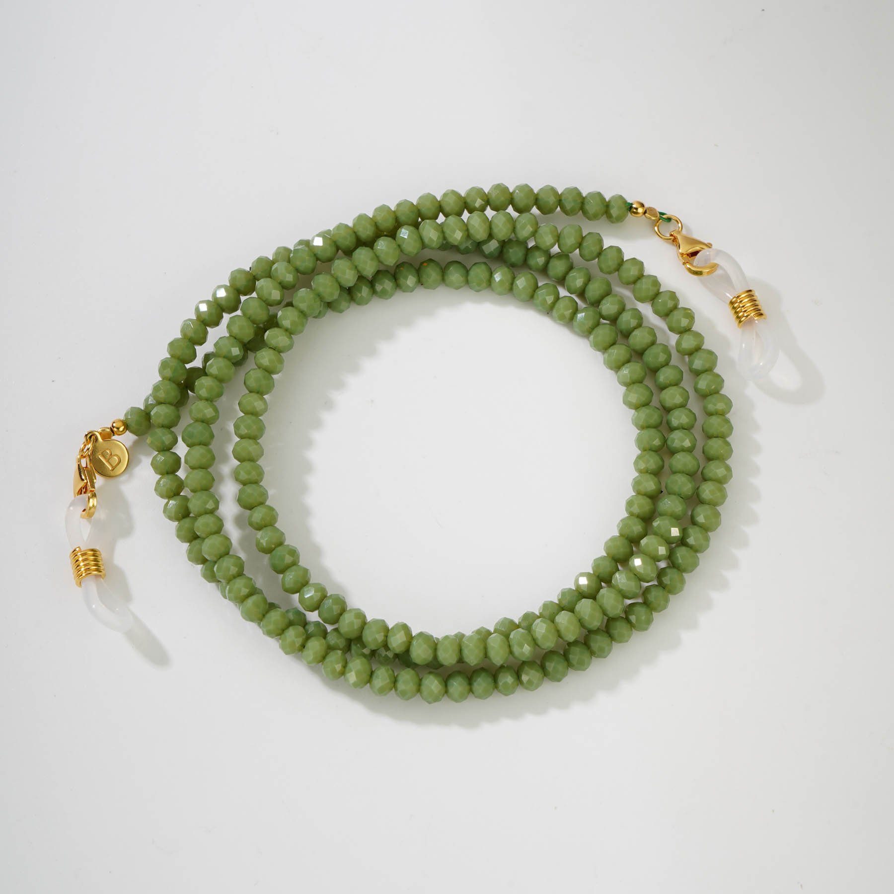 Brandlinger Perlenkette Brillenkette Kalamata, Brillenkette Silber 925 vergoldet mit olivgrünen Glasperlen