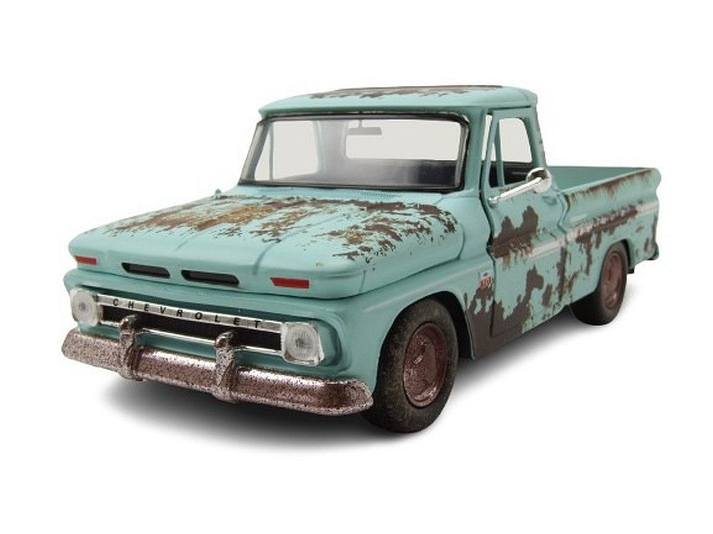 Motormax Modellauto Chevrolet C-10 Fleetside Pick Up 1966 türkis verwittert, Maßstab 1:24