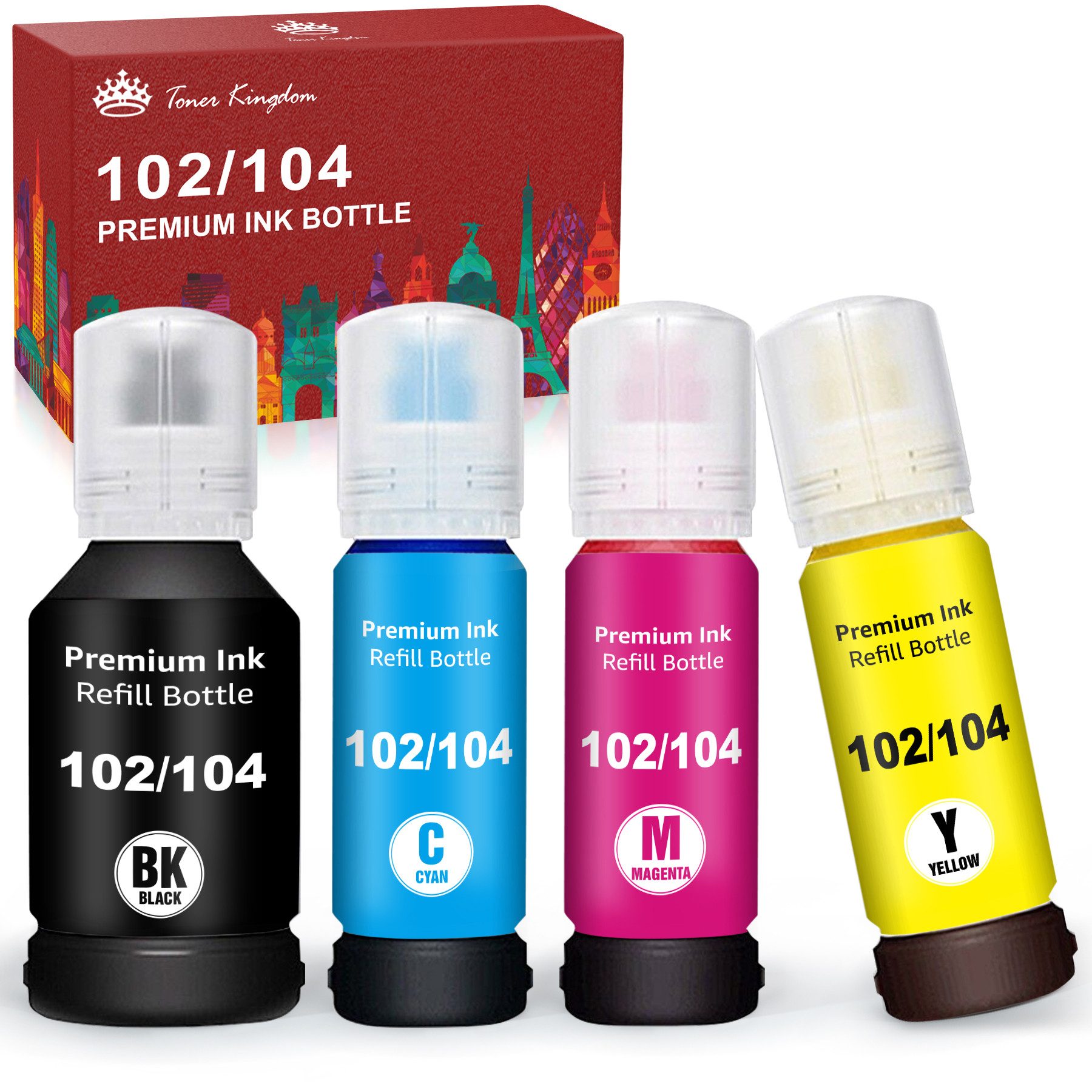 Toner Kingdom 4/8 Kompatible für EPSON 104 EPSON 102 Ecotank Multipack Nachfülltinte (für EPSON, ET-2820 ET-2821 ET-2825 ET-2826, x, ET-2700 ET-2710 ET-2751 ET-2756)