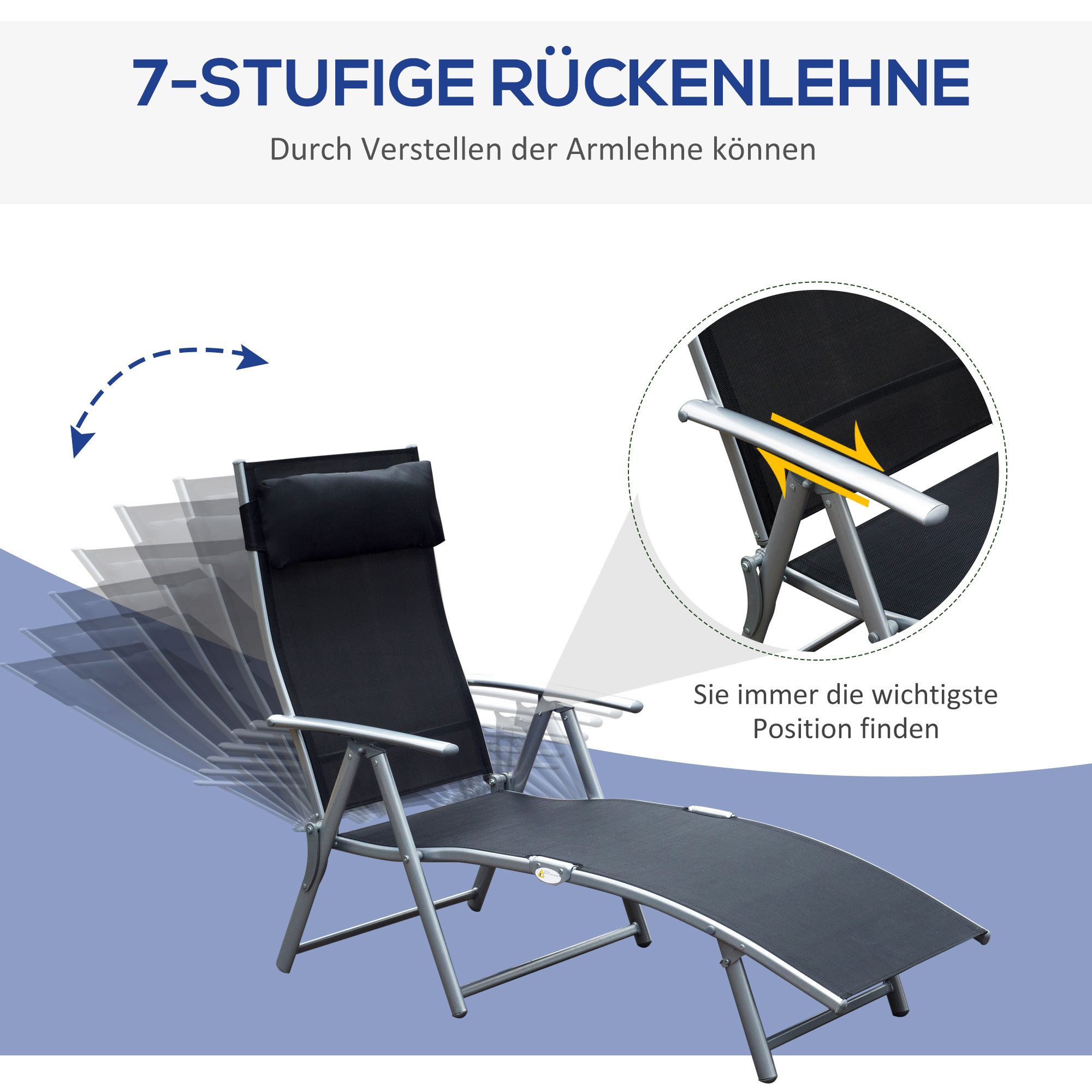 CHICFURN Gartenliege Klappbare Sonnenliege mit Kissen und 7-fach verstellbarer Lehne, Packung, 1 St., Relaxsessel belastbar bis 165 kg, geeignet für Strand & Outdoor, Farbe Schwarz, ideal für Urlaub, Pool, Terrasse oder Balkonbereich