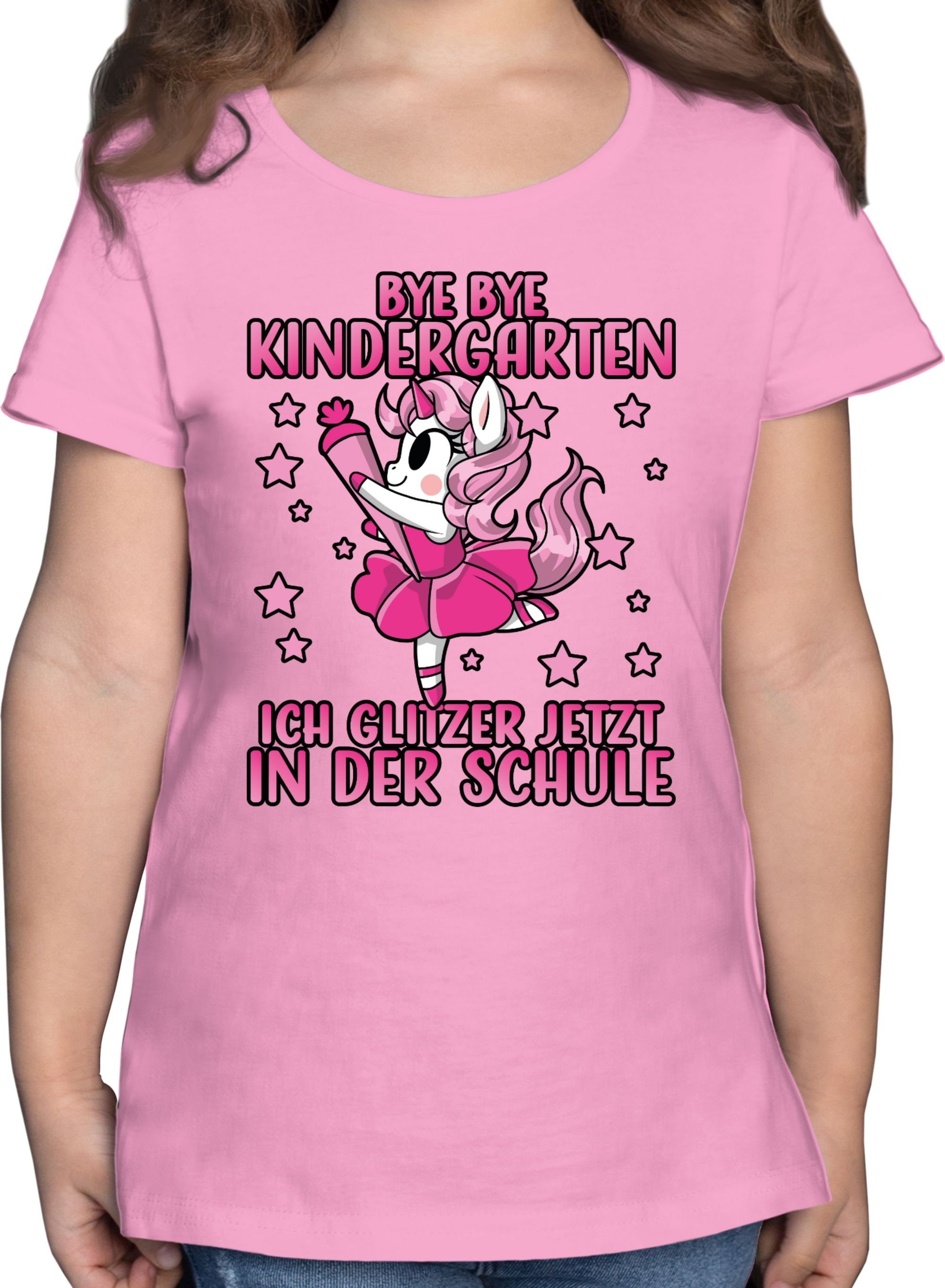 Shirtracer Rosa mit der Einschulung jetzt Einhorn Schule Mädchen in Kindergarten Bye Bye ich Pin 2 T-Shirt glitzer -