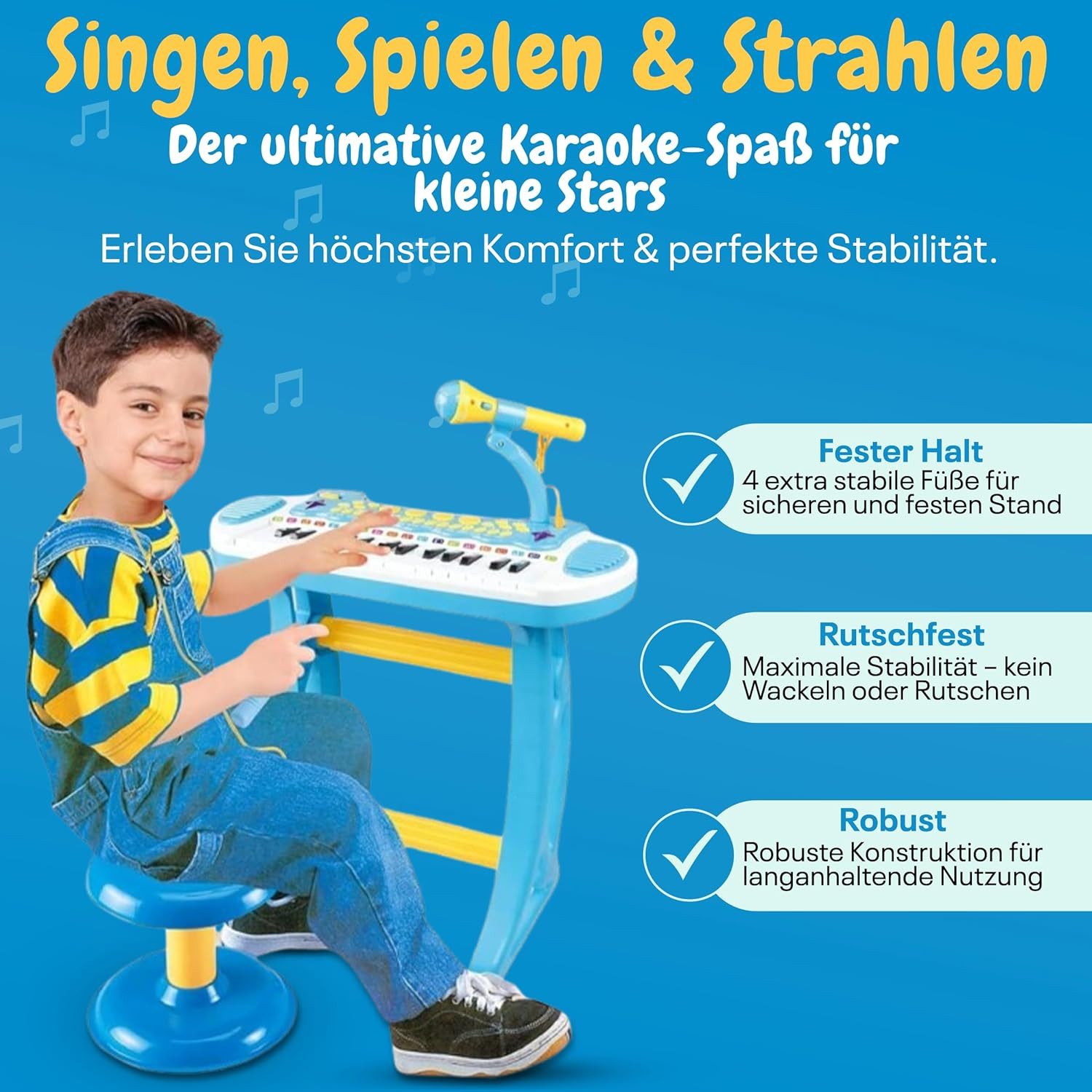 Best for Home Spielzeug-Musikinstrument Elektronisches Kinder-Keyboard mit Mikrofon & Hocker – Licht & Sound, (Kinder-Musikspielzeug / Keyboard-Set, 5 tlg., 1 Set), 31 Tasten, Licht- & Soundeffekte, Aufnahmefunktion, Karaoke-Mikrofon